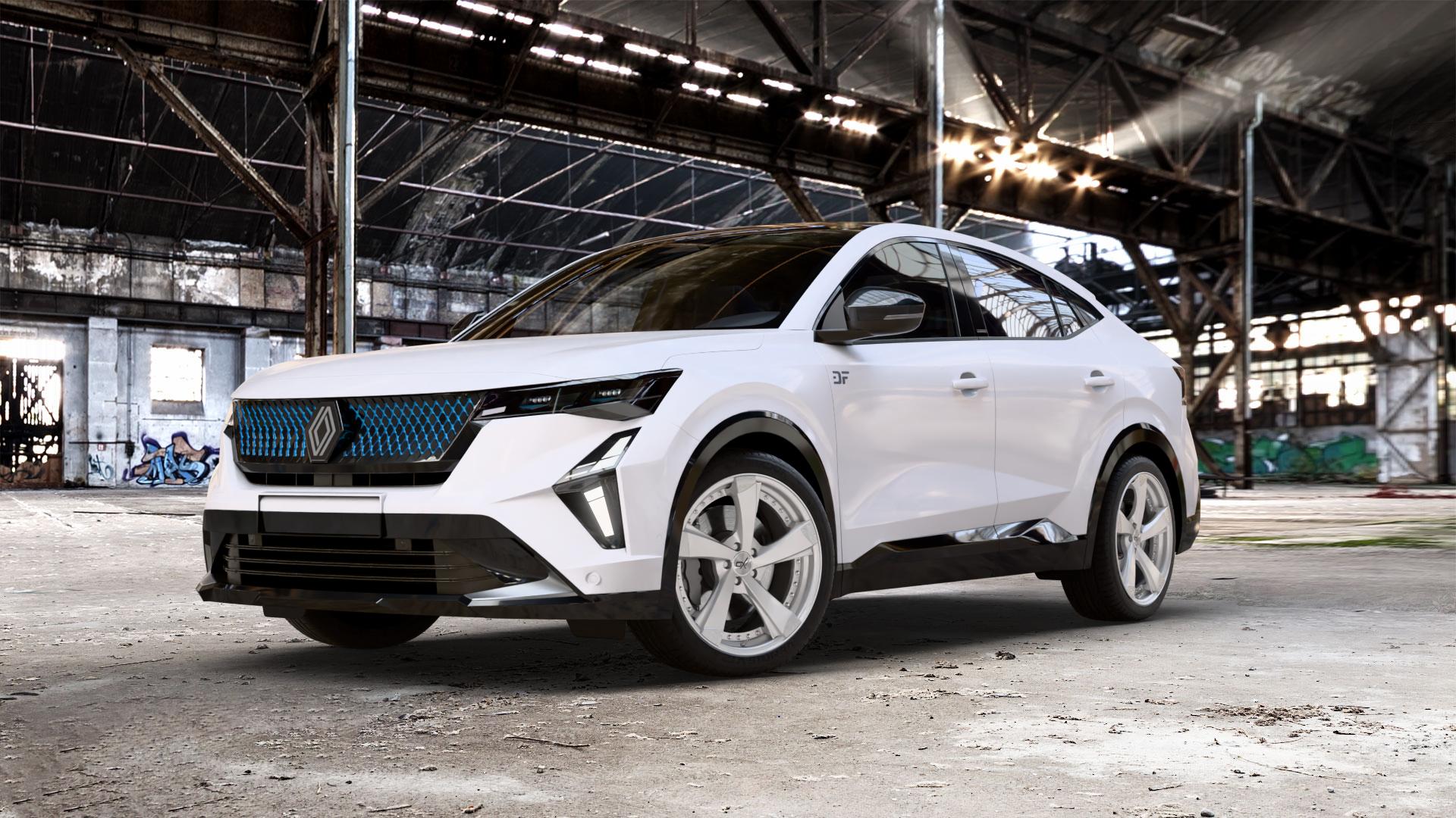 OXFORGED MP2 silver brush, lip polish Felge mit Reifen silber in 20Zoll Alufelge auf weissem Renault Rafale Typ RHN 1,2l E-Tech 96kW Mild-Hybrid (131 PS) 4x4 110kW Hybrid (150 ⬇️ mit 15mm Tieferlegung ⬇️ Old Industrial Hall_max_5300mm_2024 Frontansicht_1
