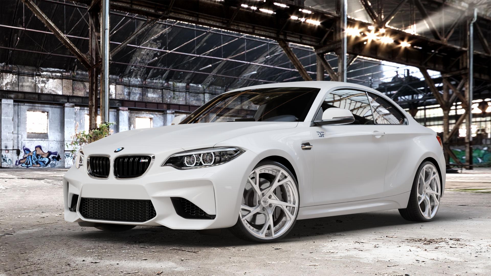 OXFORGED MP3 silver brush, lip polish Felge mit Reifen silber in 20Zoll Alufelge auf weissem BMW M2 Typ F87 ⬇️ mit 15mm Tieferlegung ⬇️ Old Industrial Hall_max_4400mm_2024 Frontansicht_1