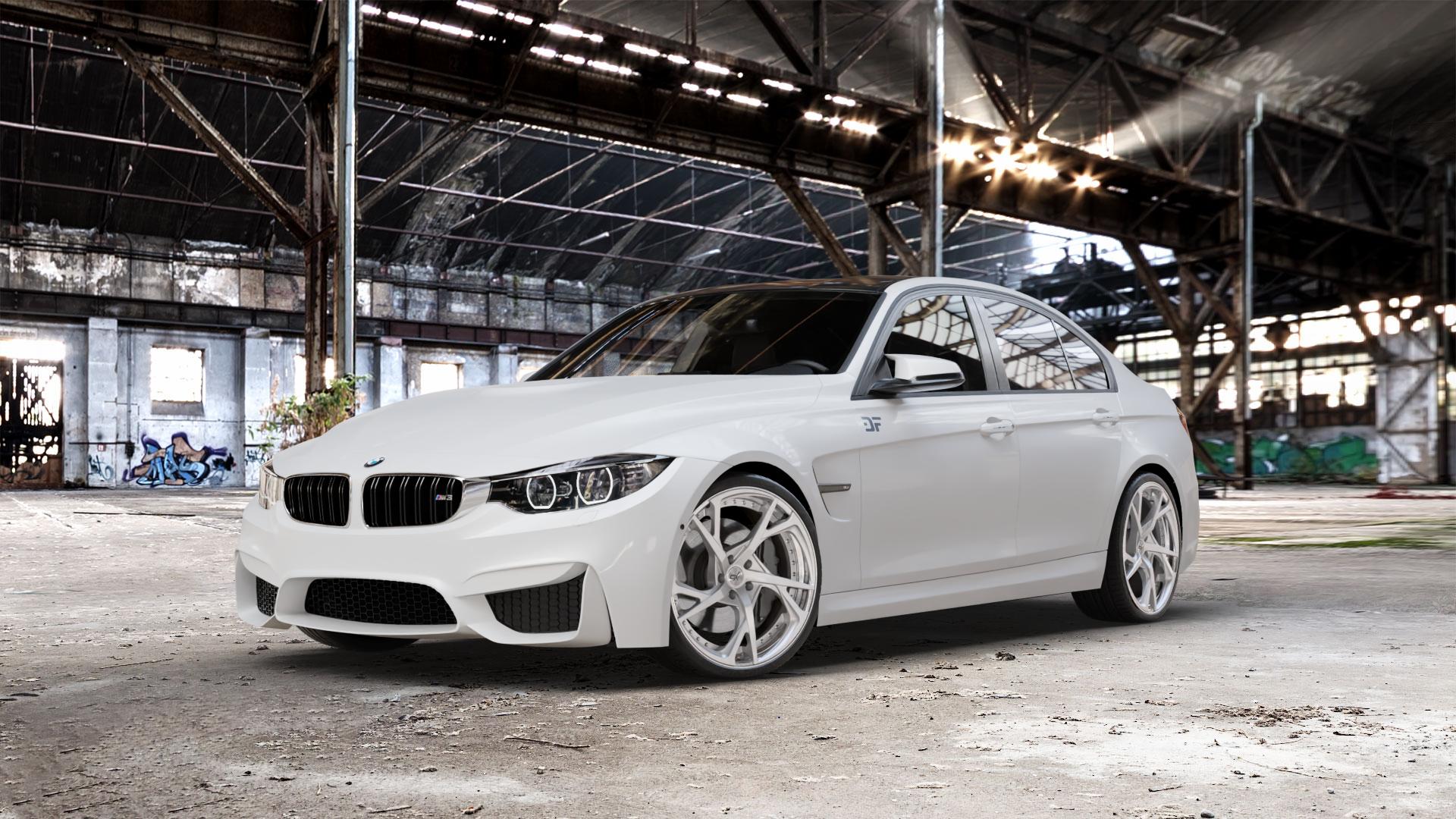 OXFORGED MP3 silver brush, lip polish Felge mit Reifen silber in 20Zoll Alufelge auf weissem BMW M3 Typ F80 (Limousine) CS ⬇️ mit 15mm Tieferlegung ⬇️ Old Industrial Hall_max_5300mm_2024 Frontansicht_1