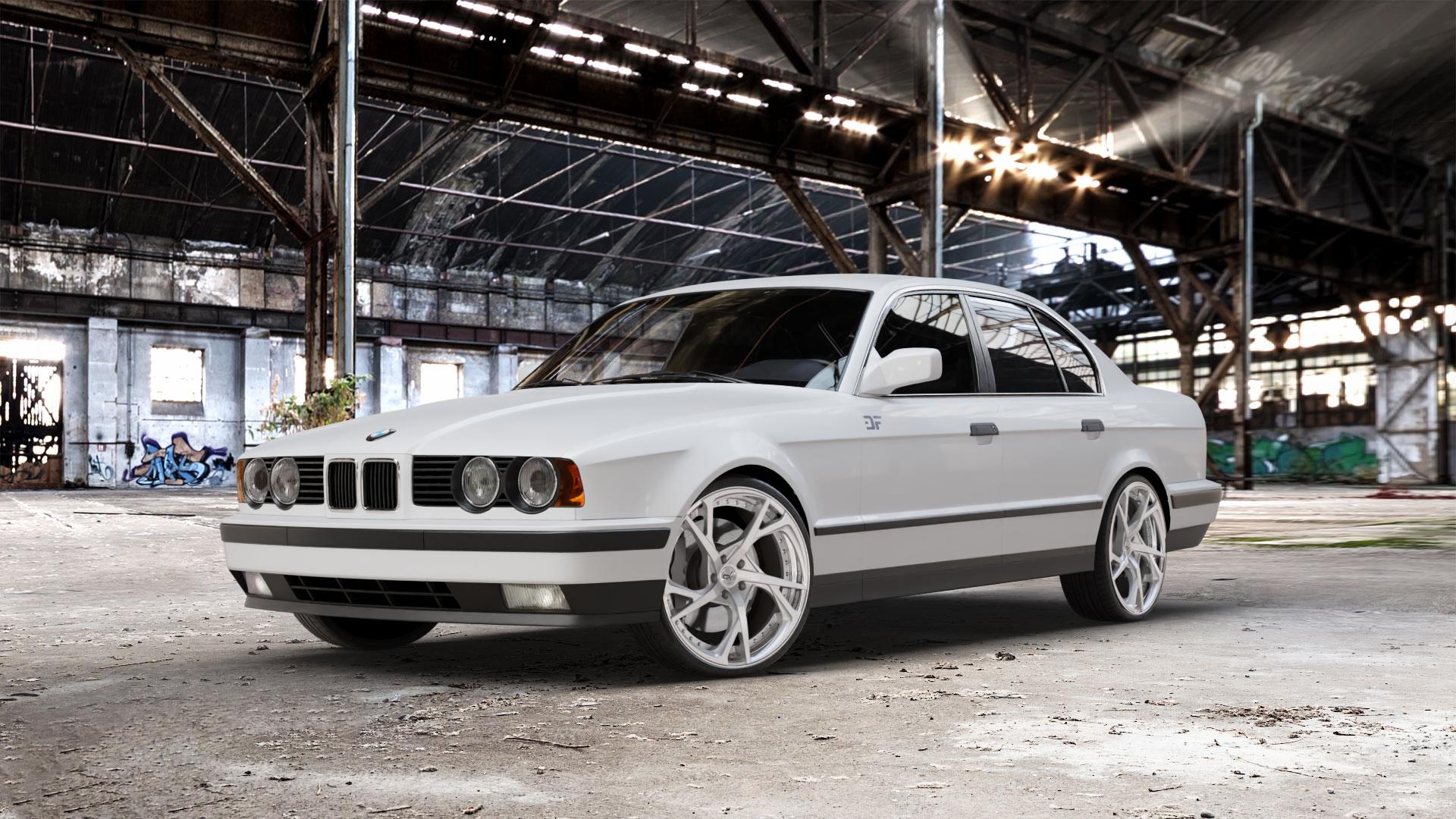 OXFORGED MP3 silver brush, lip polish Felge mit Reifen silber in 20Zoll Alufelge auf weissem BMW M5 Typ E34 (Limousine) 520i 525i 530i 535i 540i 525tds 518i 525td 524td E28 525ix (Touring) 5er Limousine (5/1) (5/H) Touring 6er E24 Coupé (6 CS) E12 1500- ⬇️ mit 15mm Tieferlegung ⬇️ Old Industrial Hall_max_5300mm_2024 Frontansicht_1