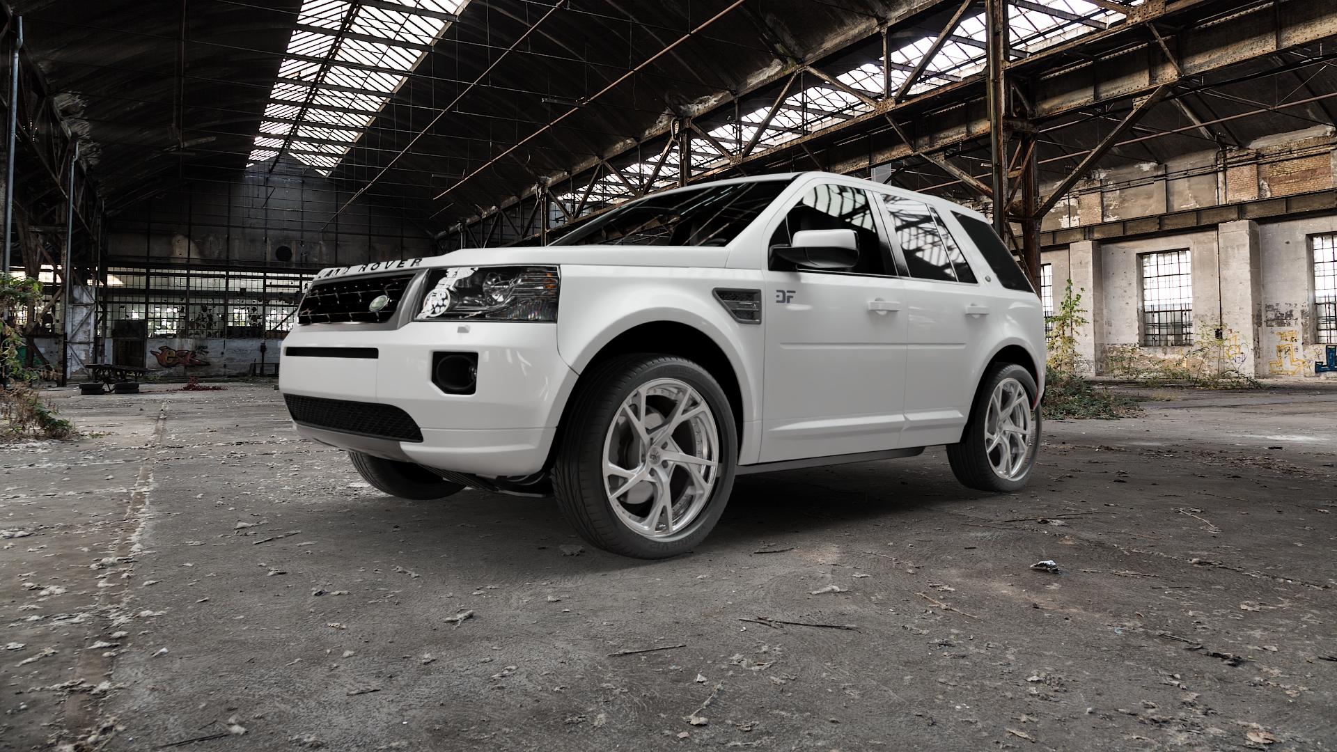 OXFORGED MP3 silver brush, lip polish Felge mit Reifen silber in 20Zoll Alufelge auf weissem Land Rover Freelander II Typ LF ⬇️ mit 15mm Tieferlegung ⬇️ Old Industrial Hall_max5000mm_2022 Frontansicht_1