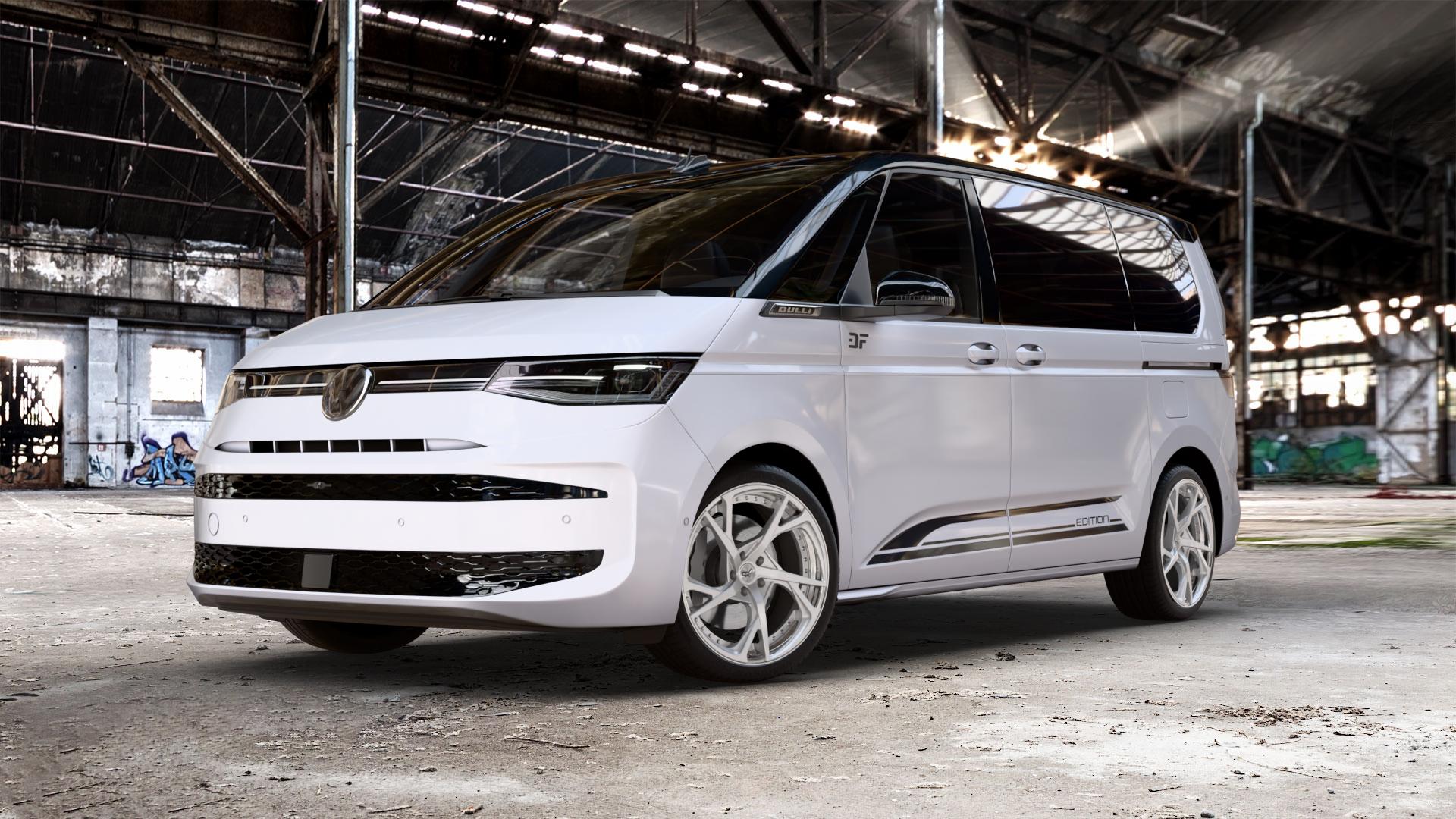 OXFORGED MP3 silver brush, lip polish Felge mit Reifen silber in 20Zoll Alufelge auf weissem und schwarzem Volkswagen (VW) T7 Multivan Bus ⬇️ mit 15mm Tieferlegung ⬇️ Old Industrial Hall_max_5300mm_2024 Frontansicht_1