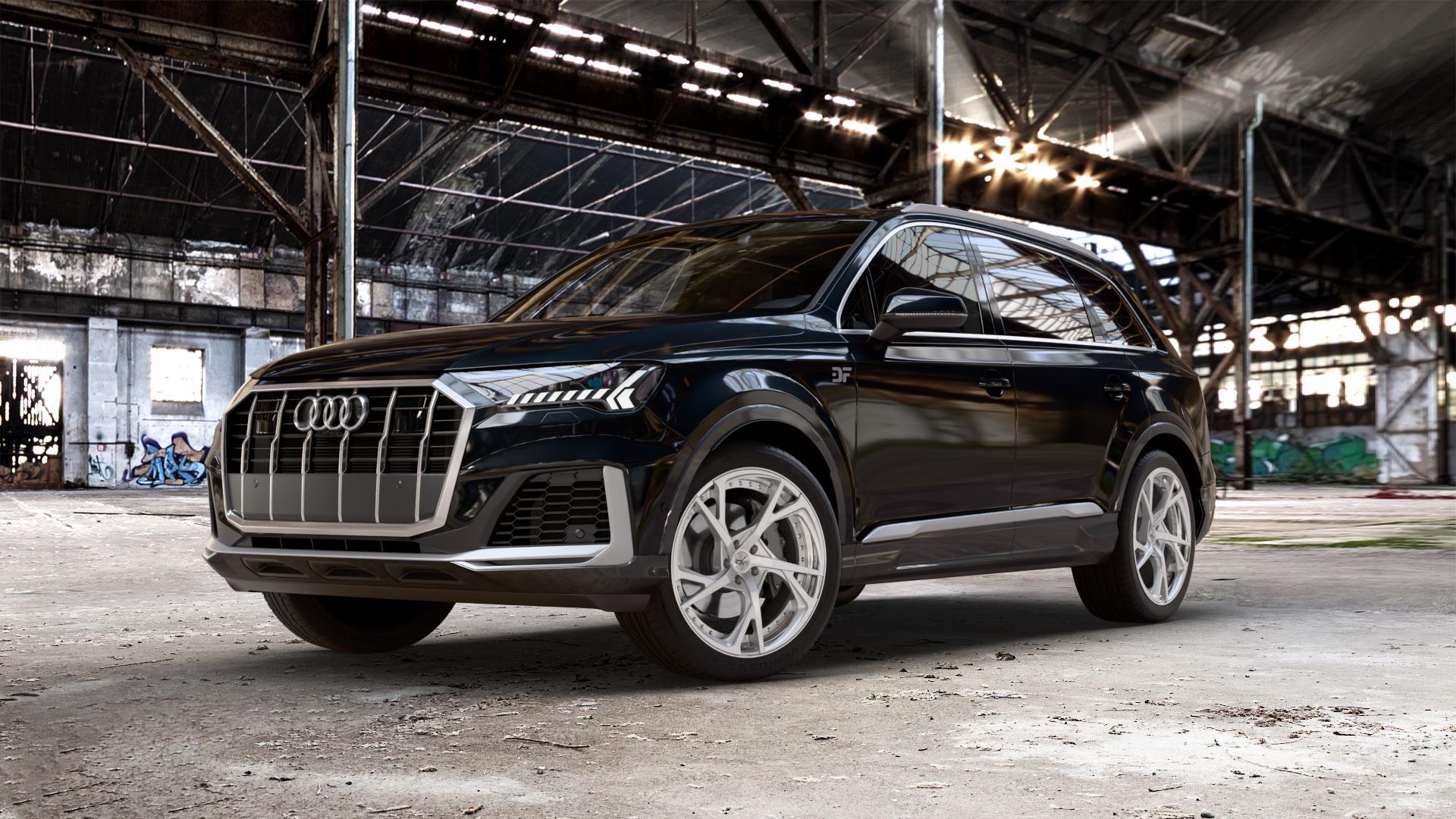 OXFORGED MP3 silver brush, lip polish Felge mit Reifen silber in 21Zoll Alufelge auf metallic schwarzem Audi Q7 II Typ 4M (4L) Facelift 19-> ⬇️ mit 15mm Tieferlegung ⬇️ Old Industrial Hall_max_5300mm_2024 Frontansicht_1