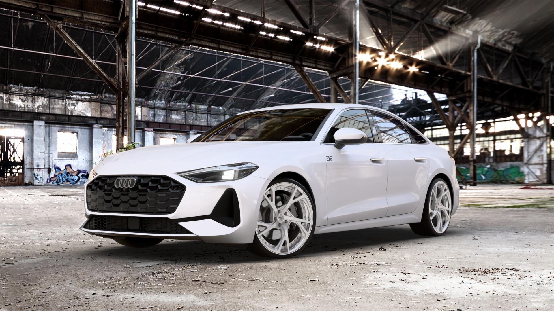 OXFORGED MP3 silver brush, lip polish Felge mit Reifen silber in 21Zoll Alufelge auf weissem Audi A5 Typ B10 (Limousine) 2,0l TDI 150kW Mild-Hybrid (204 PS) quattro TSI 110kW (150 3,0l S5 270kW (367 ⬇️ mit 15mm Tieferlegung ⬇️ Old Industrial Hall_max_5300mm_2024 Frontansicht_1