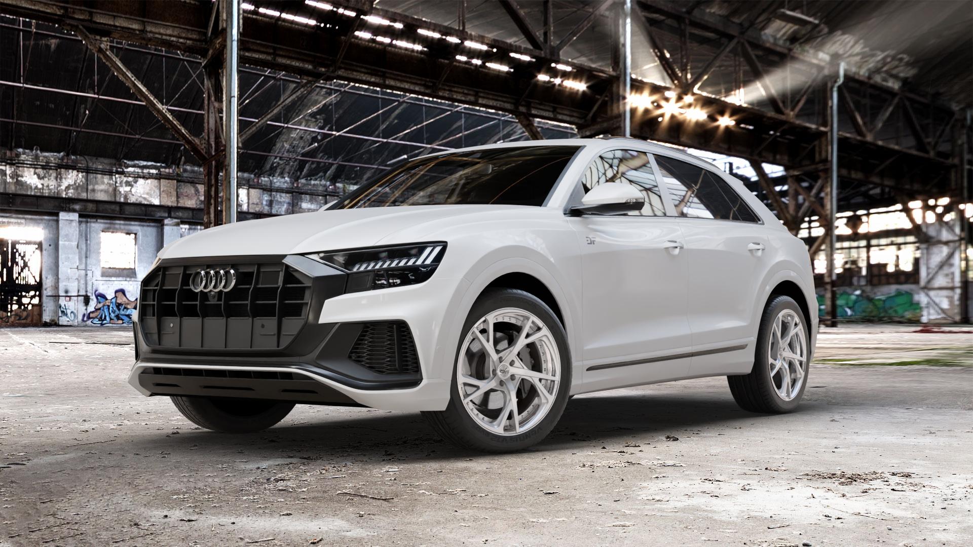 OXFORGED MP3 silver brush, lip polish Felge mit Reifen silber in 21Zoll Alufelge auf weissem Audi Q8 Typ 4M (4L) ⬇️ mit 15mm Tieferlegung ⬇️ Old Industrial Hall_max_5300mm_2024 Frontansicht_1