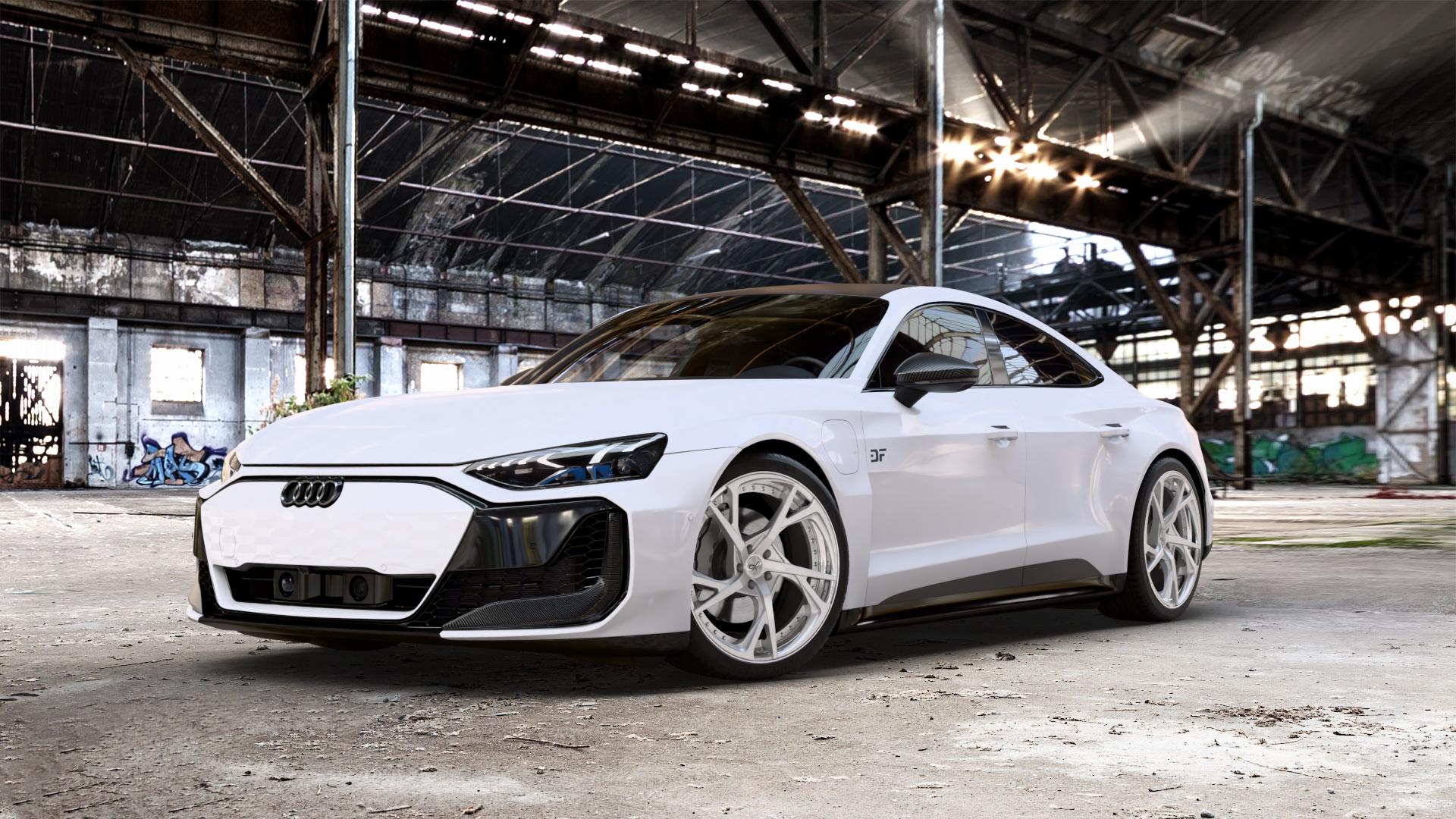OXFORGED MP3 silver brush, lip polish Felge mit Reifen silber in 21Zoll Alufelge auf weissem Audi RS E-Tron GT Performance Typ FW e-tron ⬇️ mit 15mm Tieferlegung ⬇️ Old Industrial Hall_max_5300mm_2024 Frontansicht_1