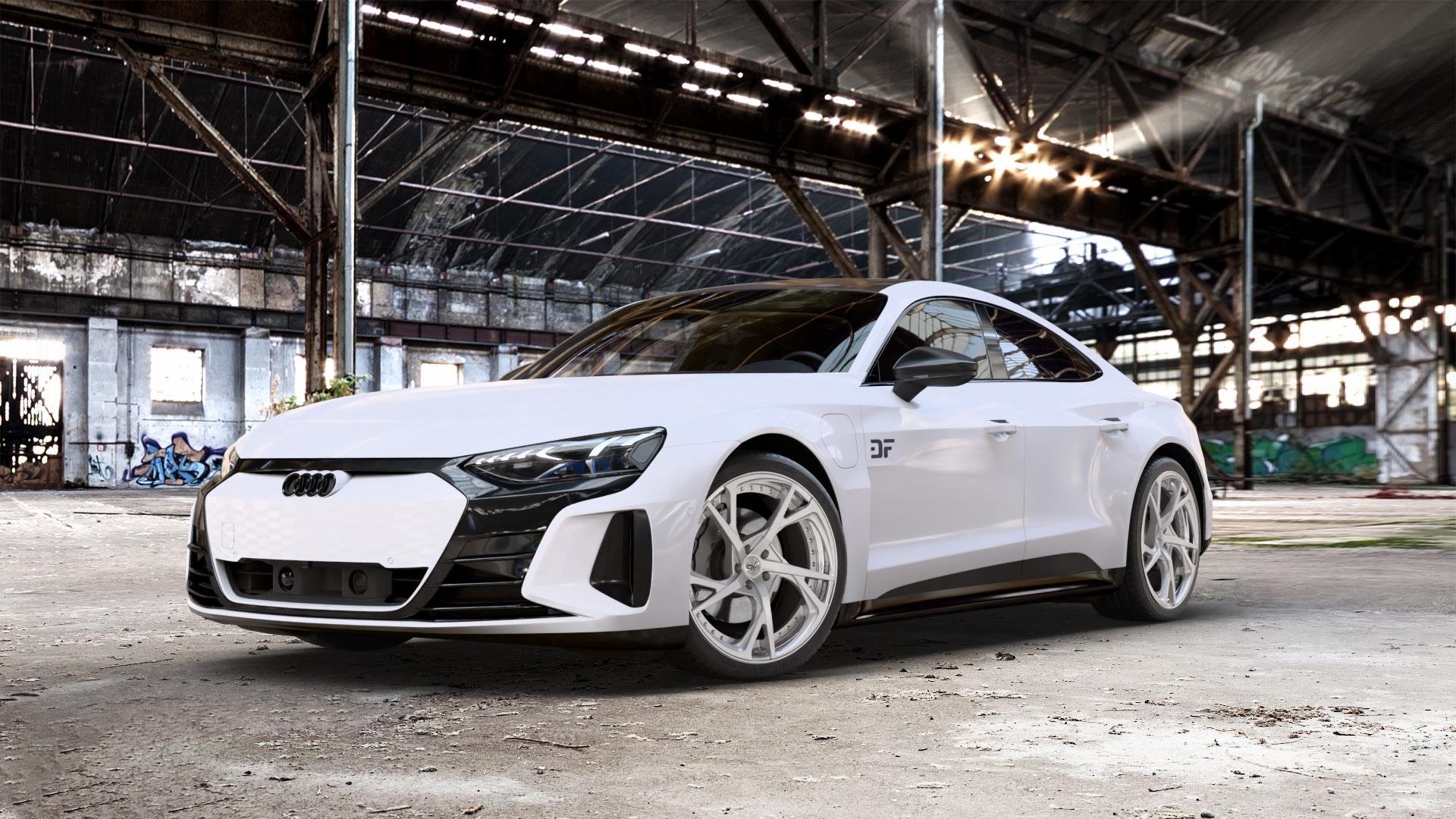 OXFORGED MP3 silver brush, lip polish Felge mit Reifen silber in 21Zoll Alufelge auf weissem Audi RS E-Tron GT Typ FW ⬇️ mit 15mm Tieferlegung ⬇️ Old Industrial Hall_max_5300mm_2024 Frontansicht_1