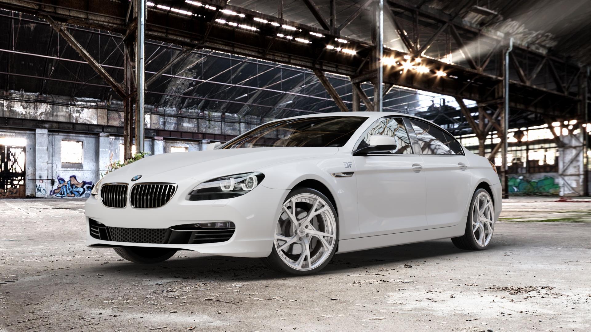OXFORGED MP3 silver brush, lip polish Felge mit Reifen silber in 21Zoll Alufelge auf weissem BMW 6er F06 Gran Coupe (6C) ⬇️ mit 15mm Tieferlegung ⬇️ Old Industrial Hall_max_5300mm_2024 Frontansicht_1