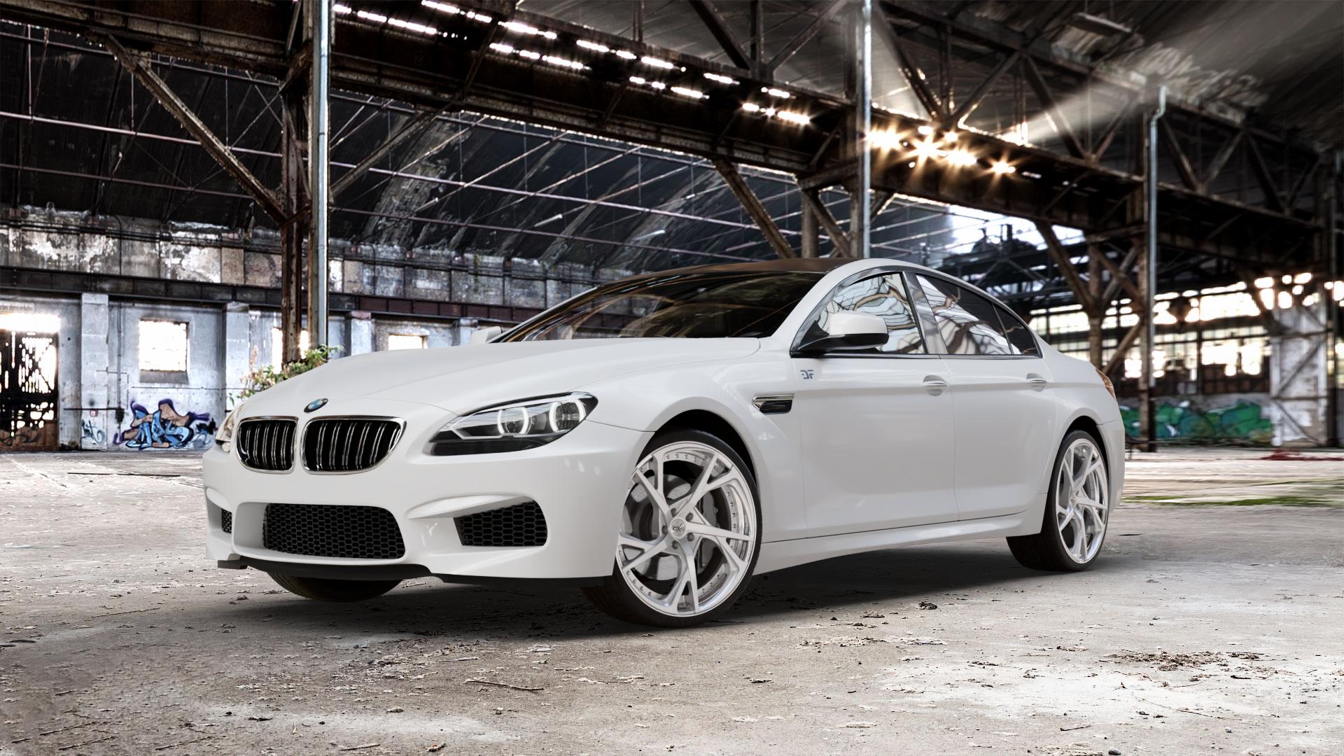 OXFORGED MP3 silver brush, lip polish Felge mit Reifen silber in 21Zoll Alufelge auf weissem BMW M6 Gran Coupe Typ F06 4,4l 412kW (560 PS) 423kW Competition (575 441kW Edition 30 (600 ⬇️ mit 15mm Tieferlegung ⬇️ Old Industrial Hall_max_5300mm_2024 Frontansicht_1