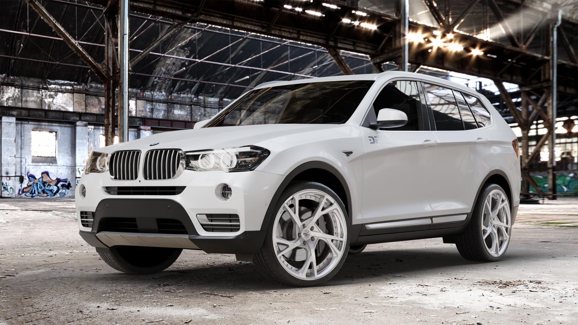 OXFORGED MP3 silver brush, lip polish Felge mit Reifen silber in 21Zoll Alufelge auf weissem BMW X3 Typ F25 (X3, X-N1) Facelift ⬇️ mit 15mm Tieferlegung ⬇️ Old Industrial Hall_max_4400mm_2024 Frontansicht_1