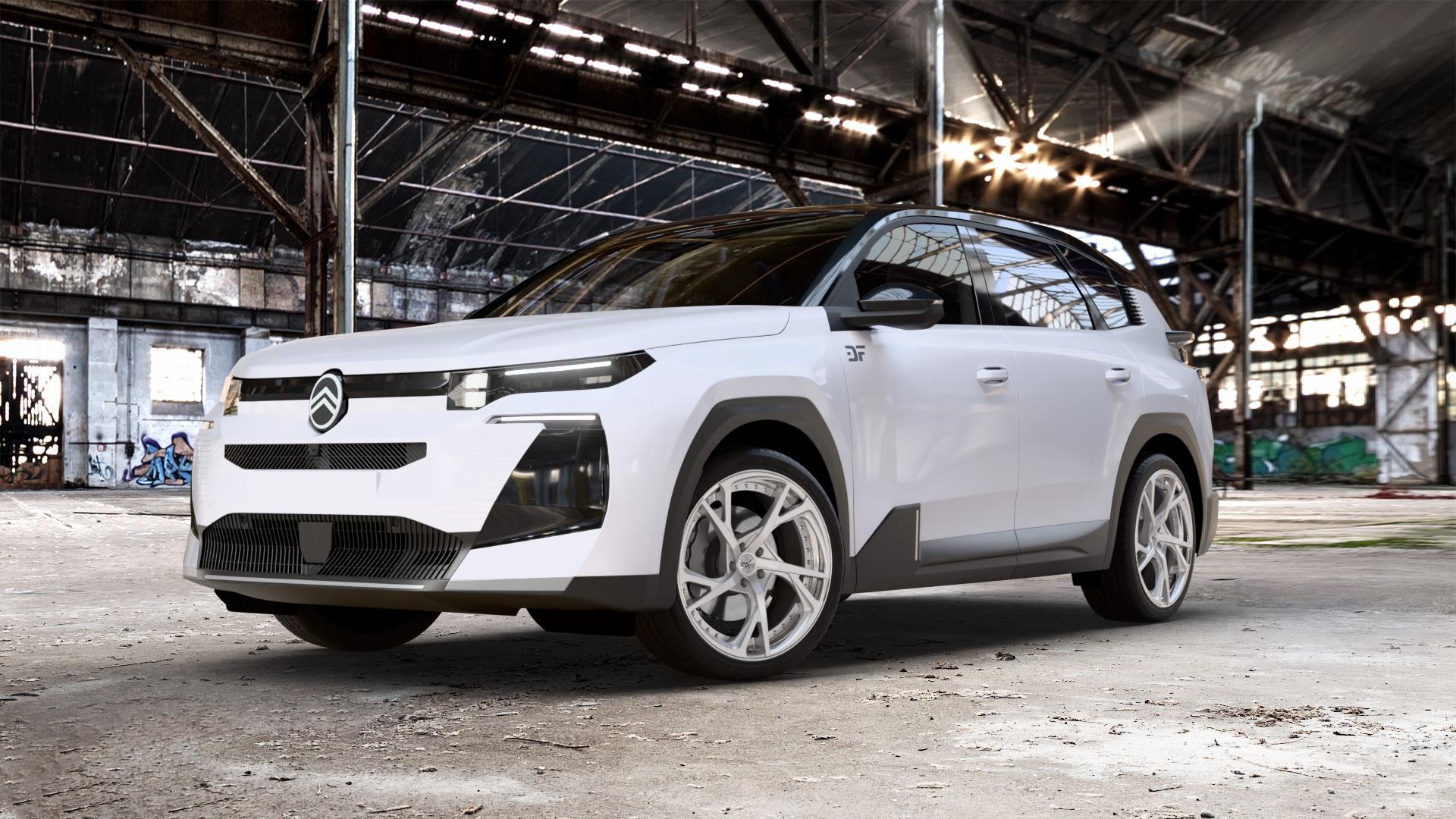 OXFORGED MP3 silver brush, lip polish Felge mit Reifen silber in 21Zoll Alufelge auf weissem Citroen C5 Aircross Typ K 1,2l 100kW Mild-Hybrid (136 PS) 1,6l 110kW Plug-In-Hybrid (150 0,0l 105kW eC5 (143 104kW (141 ⬇️ mit 15mm Tieferlegung ⬇️ Old Industrial Hall_max_5300mm_2024 Frontansicht_1