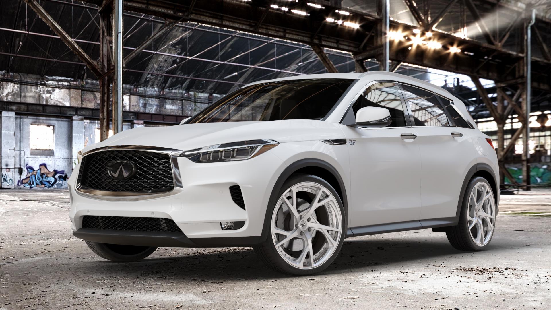 OXFORGED MP3 silver brush, lip polish Felge mit Reifen silber in 21Zoll Alufelge auf weissem Infiniti QX50 Q ⬇️ mit 15mm Tieferlegung ⬇️ Old Industrial Hall_max_4400mm_2024 Frontansicht_1