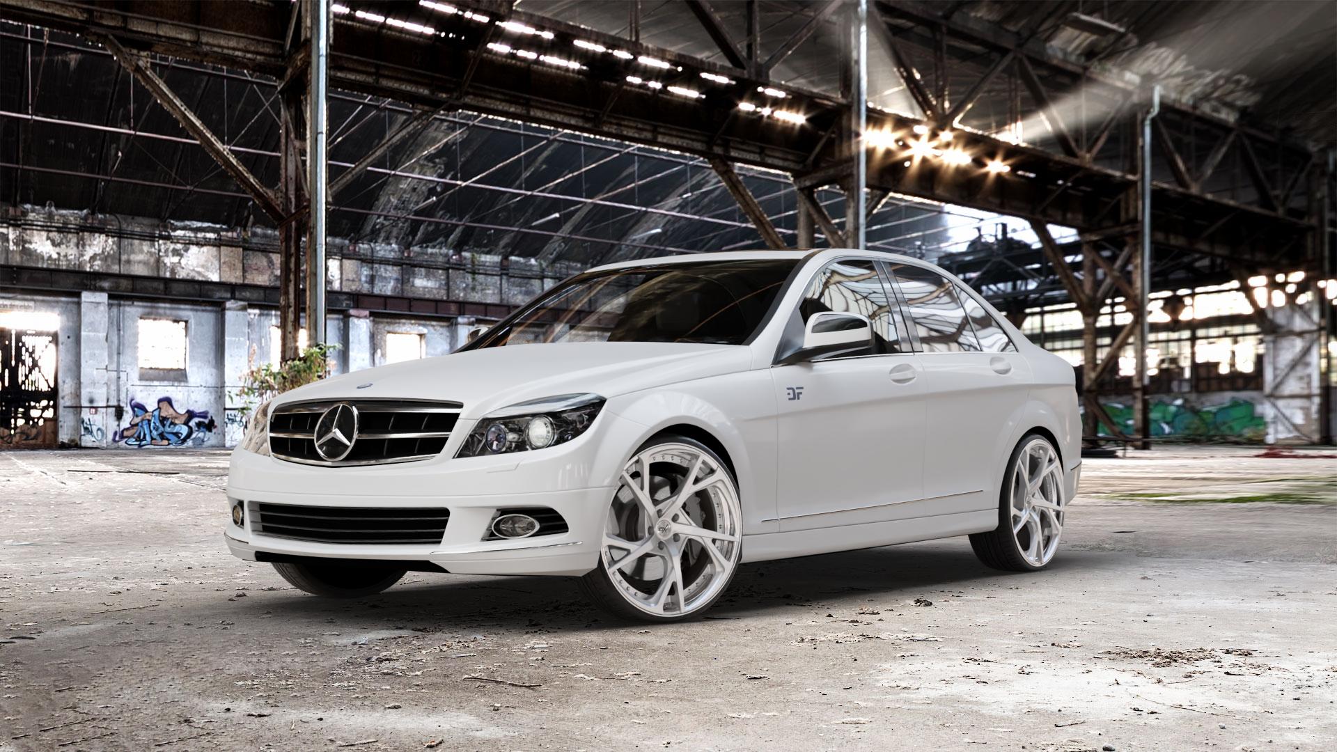 OXFORGED MP3 silver brush, lip polish Felge mit Reifen silber in 21Zoll Alufelge auf weissem Mercedes C-Klasse Typ W204 Limousine ⬇️ mit 15mm Tieferlegung ⬇️ Old Industrial Hall_max_5300mm_2024 Frontansicht_1