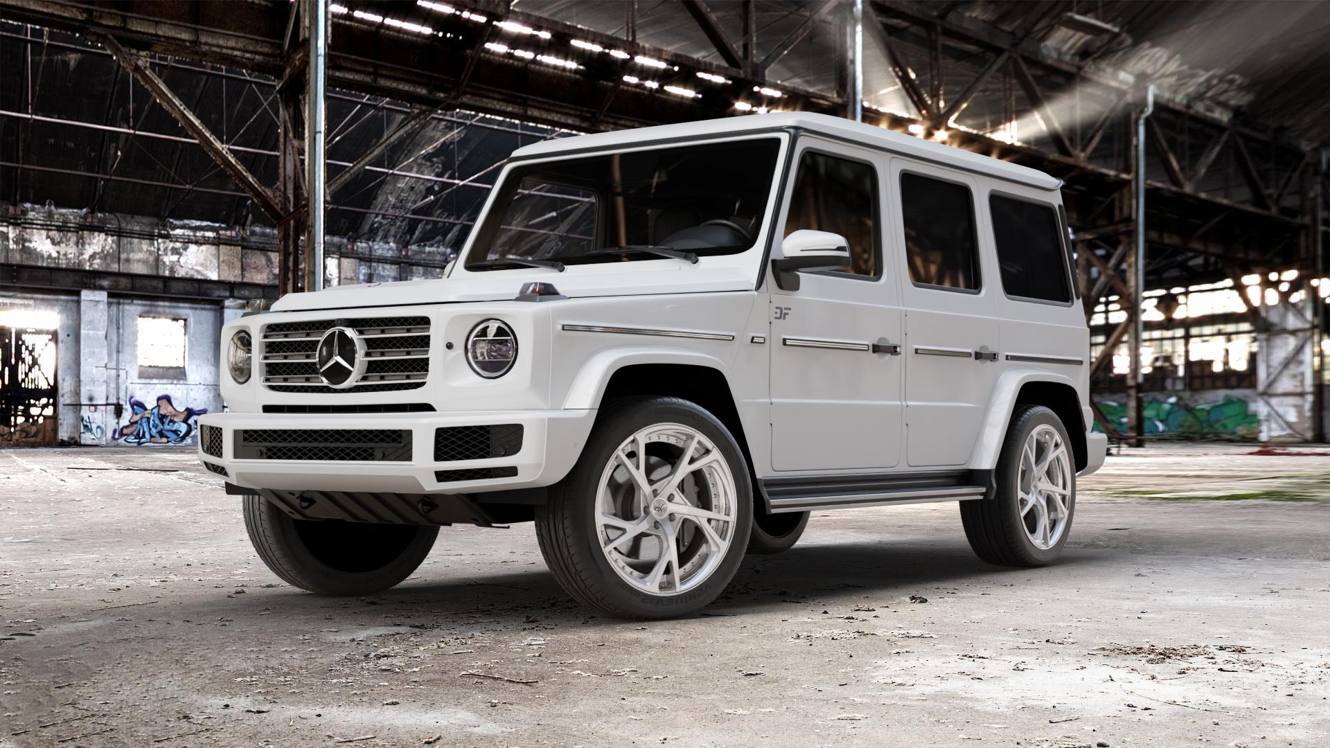 OXFORGED MP3 silver brush, lip polish Felge mit Reifen silber in 21Zoll Alufelge auf weissem Mercedes G-Klasse Typ W463 Facelift (18->) ⬇️ mit 15mm Tieferlegung ⬇️ Old Industrial Hall_max_5300mm_2024 Frontansicht_1