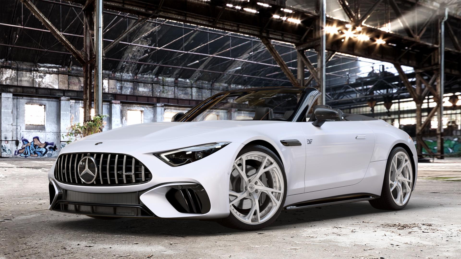 OXFORGED MP3 silver brush, lip polish Felge mit Reifen silber in 21Zoll Alufelge auf weissem Mercedes SL Typ R232 2,0l 43 280kW Mild-Hybrid (381 PS) 4,0l 55 4MATIC+ 350kW (476 63 430kW (585 ⬇️ mit 15mm Tieferlegung ⬇️ Old Industrial Hall_max_4400mm_2024 Frontansicht_1