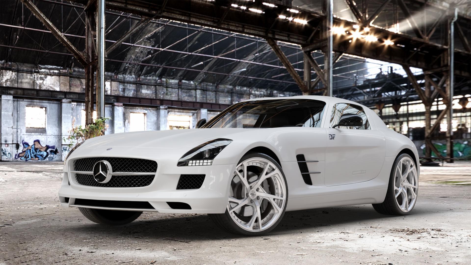 OXFORGED MP3 silver brush, lip polish Felge mit Reifen silber in 21Zoll Alufelge auf weissem Mercedes SLS Typ C197 Coupe 6,2l AMG 420kW (571 PS) GT 435kW (591 Black Series 464kW (631 ⬇️ mit 15mm Tieferlegung ⬇️ Old Industrial Hall_max_4400mm_2024 Frontansicht_1