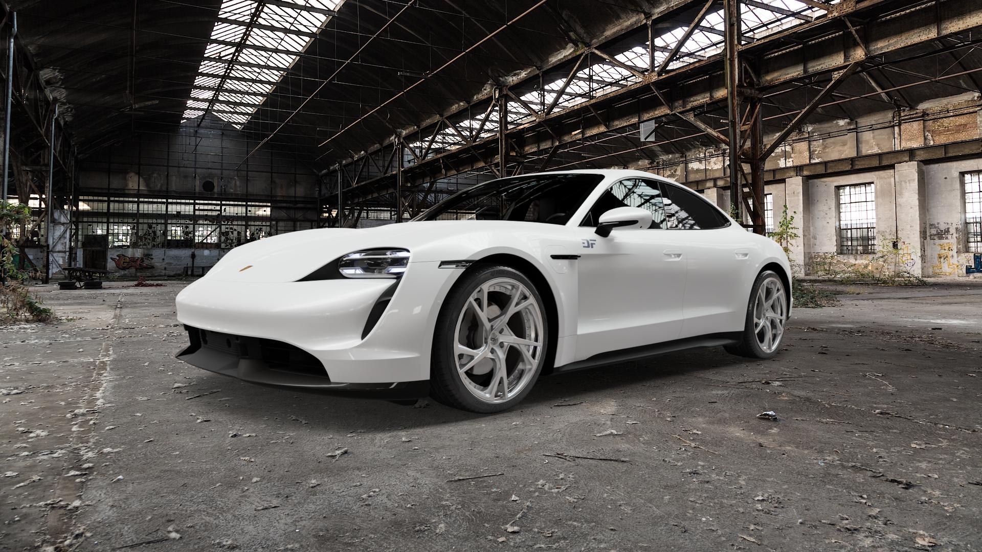 OXFORGED MP3 silver brush, lip polish Felge mit Reifen silber in 21Zoll Alufelge auf weissem Porsche Taycan Typ Y1A 0,0l 4S 140kW (190 PS) Turbo 142kW (193 S 113kW (154 ⬇️ mit 15mm Tieferlegung ⬇️ Old Industrial Hall_max5000mm_2022 Frontansicht_1