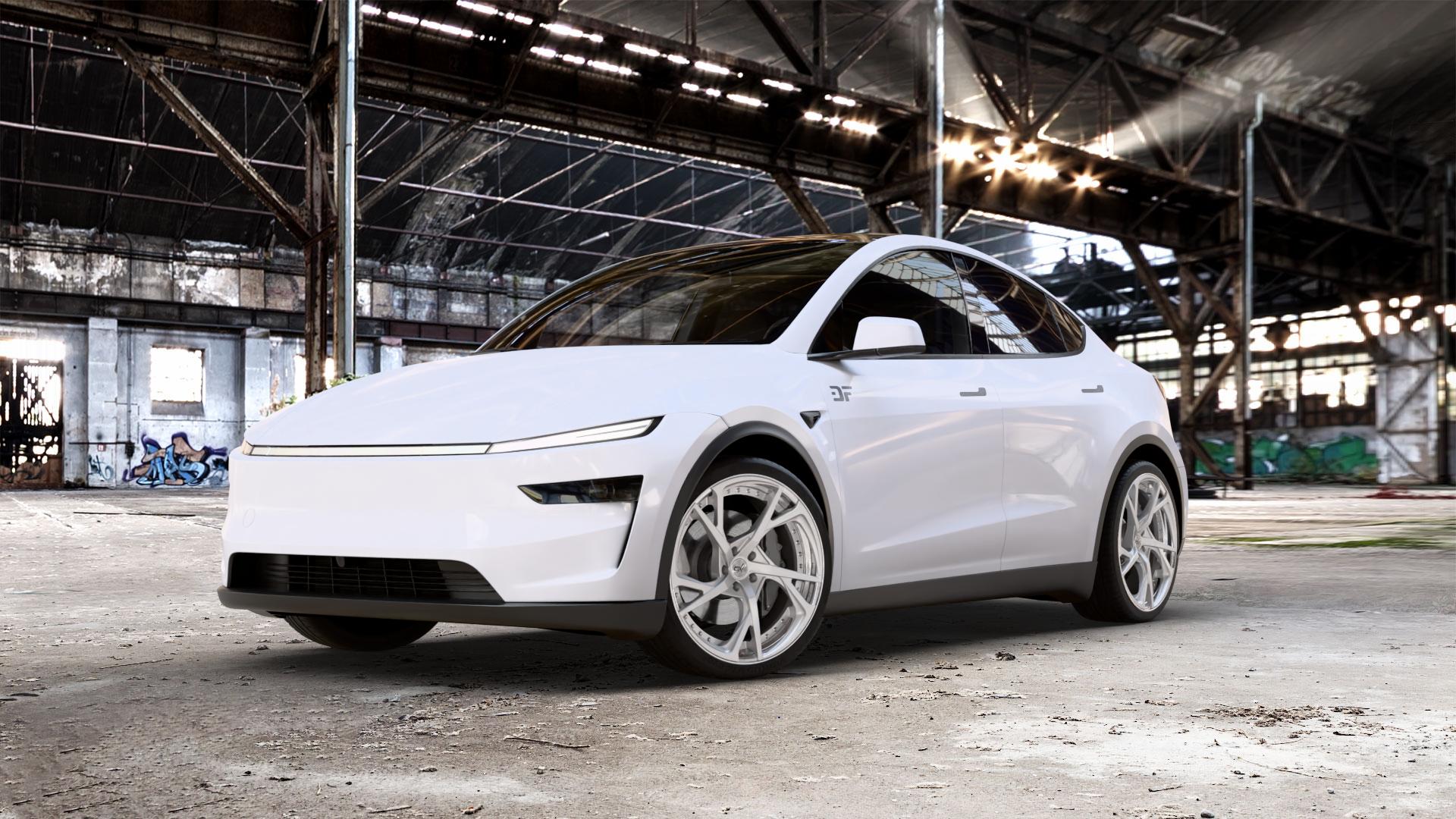 OXFORGED MP3 silver brush, lip polish Felge mit Reifen silber in 21Zoll Alufelge auf weissem Tesla Model Y Typ 003 Facelift 003/005 ⬇️ mit 15mm Tieferlegung ⬇️ Old Industrial Hall_max_5300mm_2024 Frontansicht_1