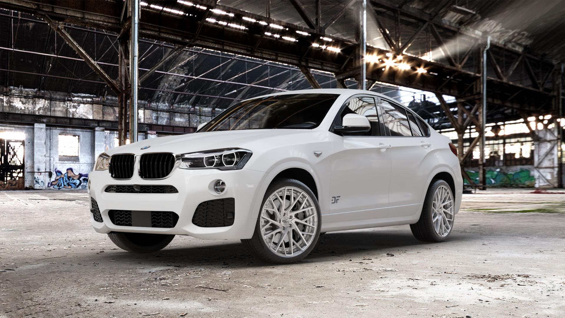 OXFORGED MP5 silver brush, lip polish Felge mit Reifen silber in 20Zoll Alufelge auf weissem BMW X4 Typ F26 (X3, X-N1) ⬇️ mit 15mm Tieferlegung ⬇️ Old Industrial Hall_max_5300mm_2024 Frontansicht_1