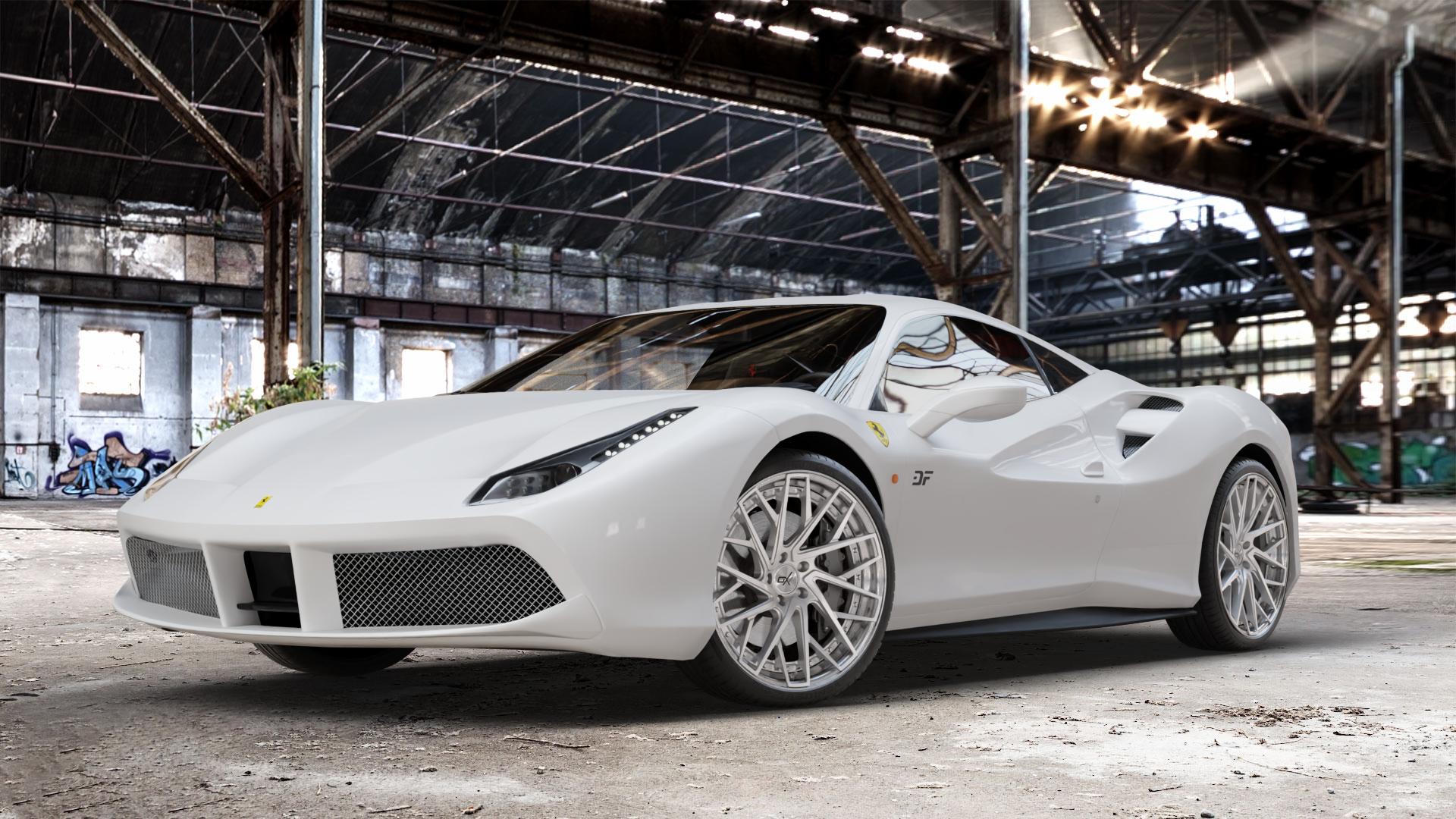 OXFORGED MP5 silver brush, lip polish Felge mit Reifen silber in 20Zoll Alufelge auf weissem Ferrari 488 GTB ⬇️ mit 15mm Tieferlegung ⬇️ Old Industrial Hall_max_4400mm_2024 Frontansicht_1