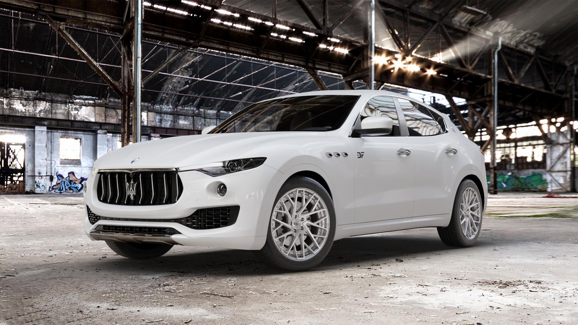 OXFORGED MP5 silver brush, lip polish Felge mit Reifen silber in 20Zoll Alufelge auf weissem Maserati Levante Typ M156 ⬇️ mit 15mm Tieferlegung ⬇️ Old Industrial Hall_max_5300mm_2024 Frontansicht_1