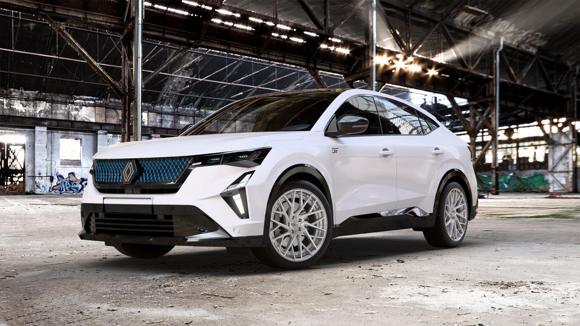 OXFORGED MP5 silver brush, lip polish Felge mit Reifen silber in 20Zoll Alufelge auf weissem Renault Rafale Typ RHN 1,2l E-Tech 96kW Mild-Hybrid (131 PS) 4x4 110kW Hybrid (150 ⬇️ mit 15mm Tieferlegung ⬇️ Old Industrial Hall_max_5300mm_2024 Frontansicht_1