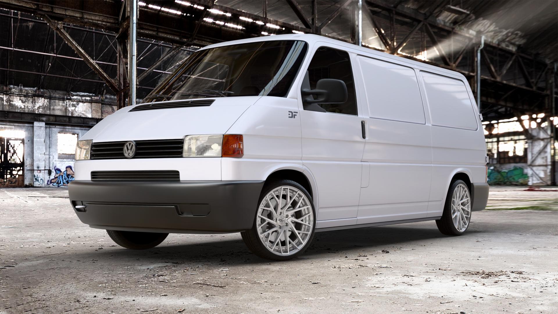 OXFORGED MP5 silver brush, lip polish Felge mit Reifen silber in 20Zoll Alufelge auf weissem Volkswagen (VW) T4 Transporter ⬇️ mit 15mm Tieferlegung ⬇️ Old Industrial Hall_max_5300mm_2024 Frontansicht_1