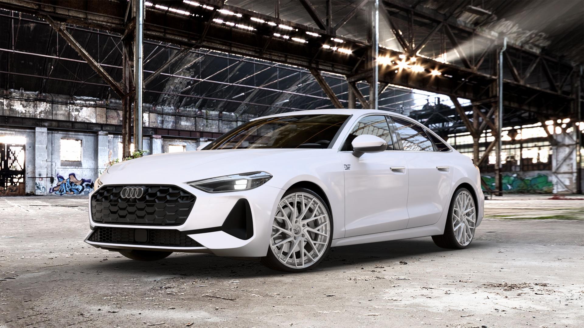 OXFORGED MP5 silver brush, lip polish Felge mit Reifen silber in 21Zoll Alufelge auf weissem Audi A5 Typ B10 (Limousine) 2,0l TDI 150kW Mild-Hybrid (204 PS) quattro TSI 110kW (150 3,0l S5 270kW (367 ⬇️ mit 15mm Tieferlegung ⬇️ Old Industrial Hall_max_5300mm_2024 Frontansicht_1