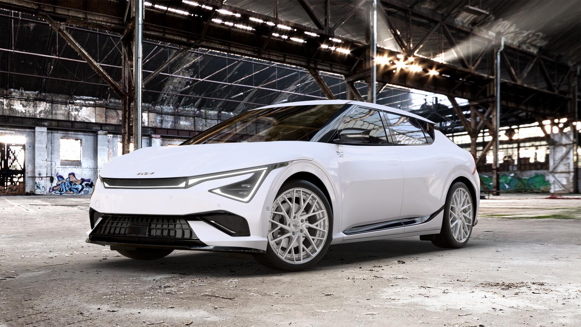 OXFORGED MP5 silver brush, lip polish Felge mit Reifen silber in 21Zoll Alufelge auf weissem Kia EV6 Typ CV Facelift 0,0l GT AWD 159kW (216 PS) ⬇️ mit 15mm Tieferlegung ⬇️ Old Industrial Hall_max_5300mm_2024 Frontansicht_1