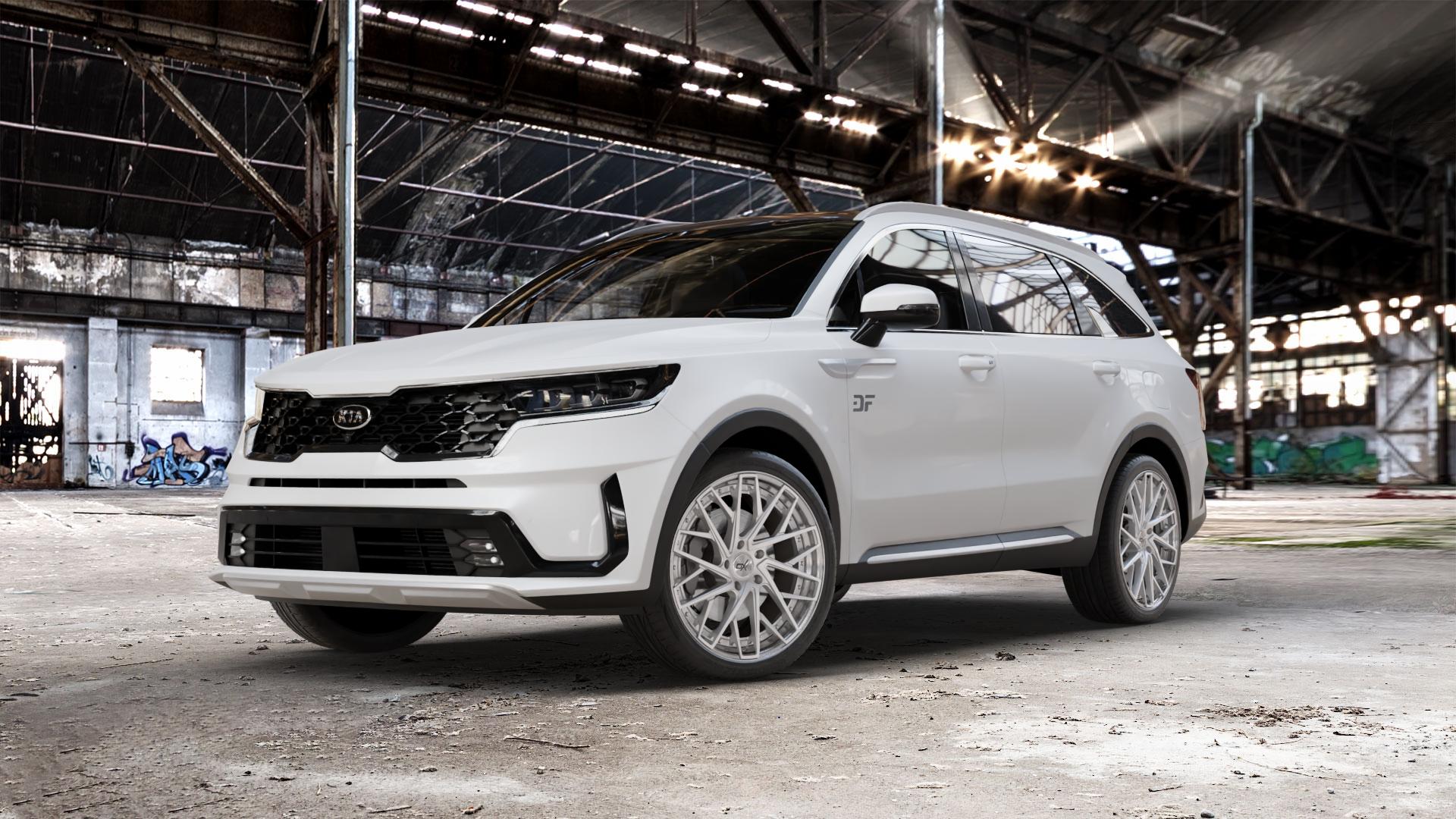 OXFORGED MP5 silver brush, lip polish Felge mit Reifen silber in 21Zoll Alufelge auf weissem Kia Sorento IV Typ MQ4 ⬇️ mit 15mm Tieferlegung ⬇️ Old Industrial Hall_max_5300mm_2024 Frontansicht_1