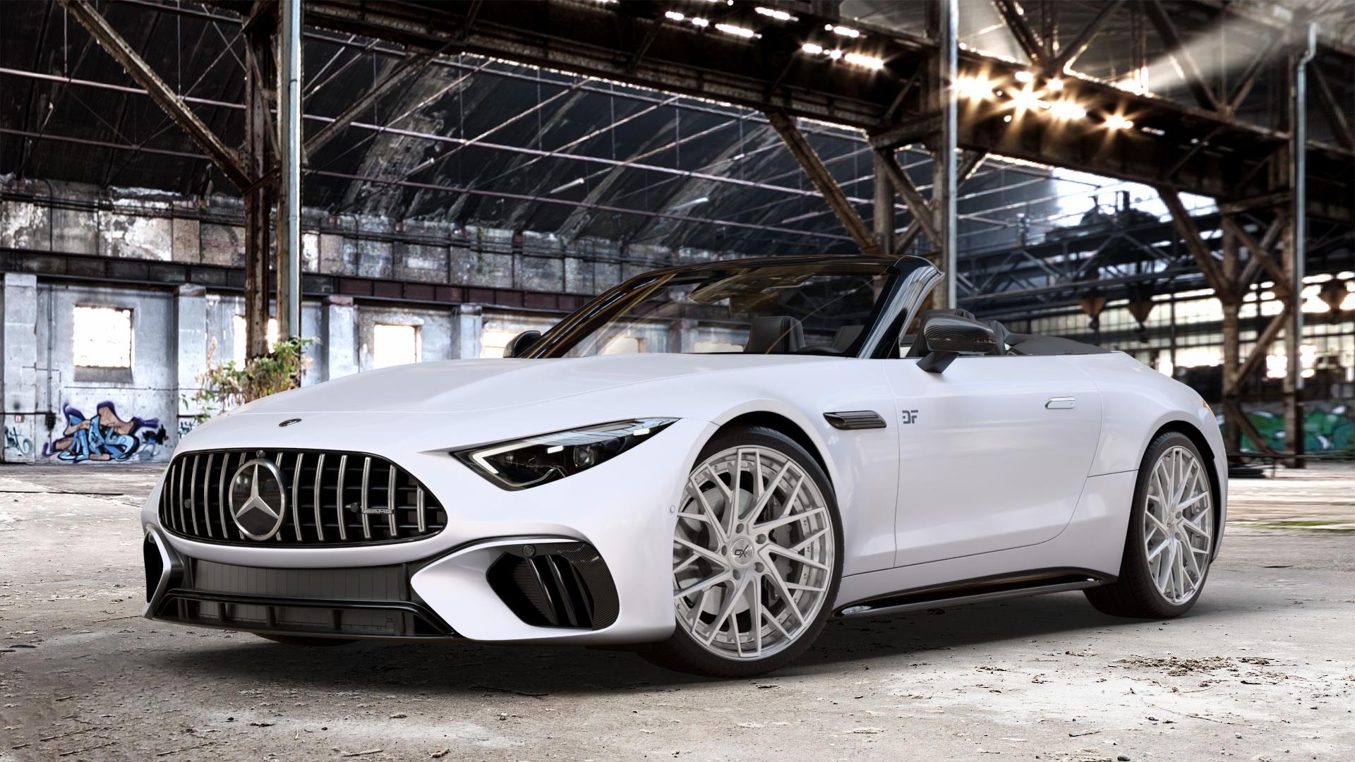 OXFORGED MP5 silver brush, lip polish Felge mit Reifen silber in 21Zoll Alufelge auf weissem Mercedes SL Typ R232 2,0l 43 280kW Mild-Hybrid (381 PS) 4,0l 55 4MATIC+ 350kW (476 63 430kW (585 ⬇️ mit 15mm Tieferlegung ⬇️ Old Industrial Hall_max_4400mm_2024 Frontansicht_1