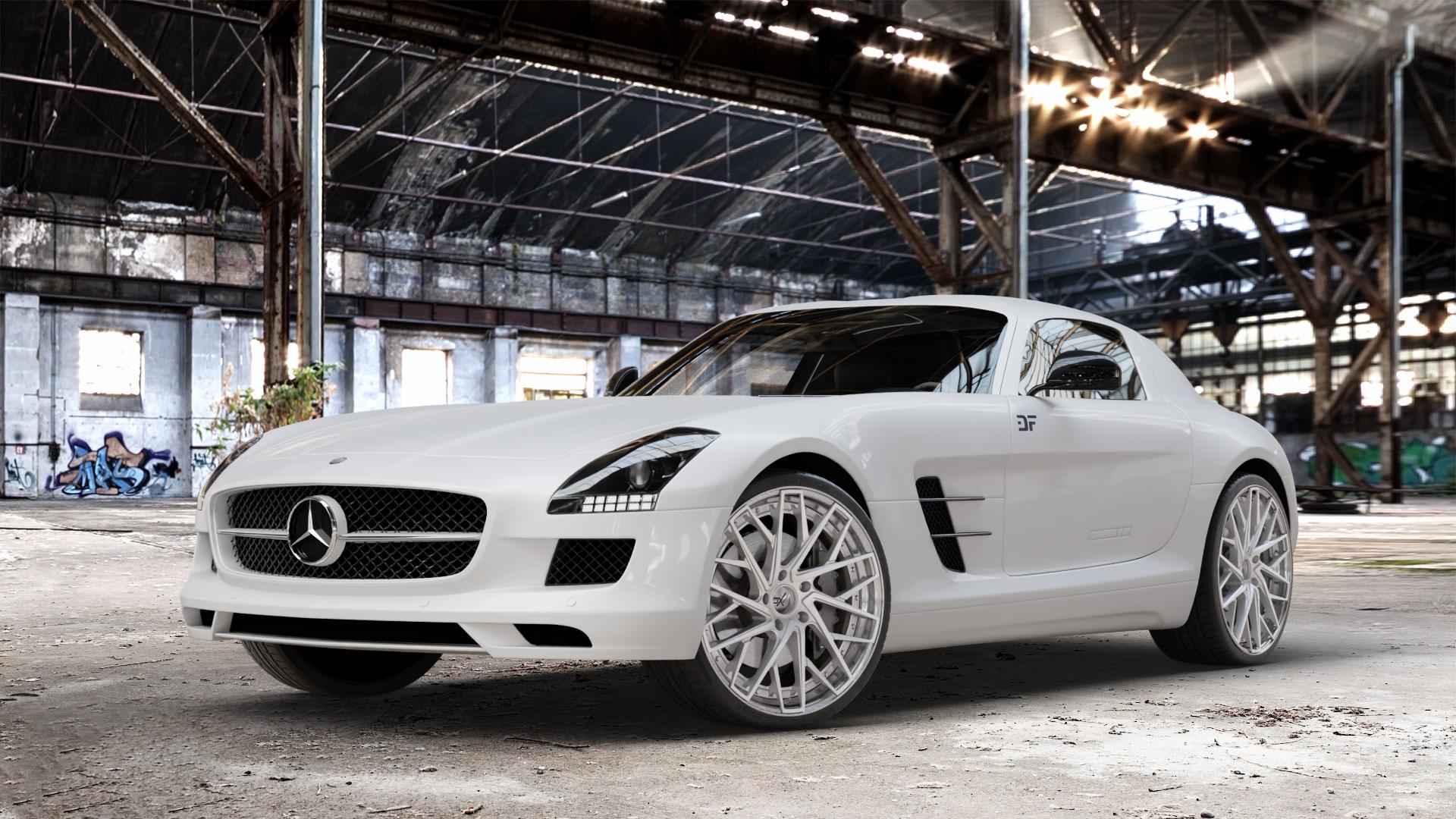 OXFORGED MP5 silver brush, lip polish Felge mit Reifen silber in 21Zoll Alufelge auf weissem Mercedes SLS Typ C197 Coupe 6,2l AMG 420kW (571 PS) GT 435kW (591 Black Series 464kW (631 ⬇️ mit 15mm Tieferlegung ⬇️ Old Industrial Hall_max_4400mm_2024 Frontansicht_1