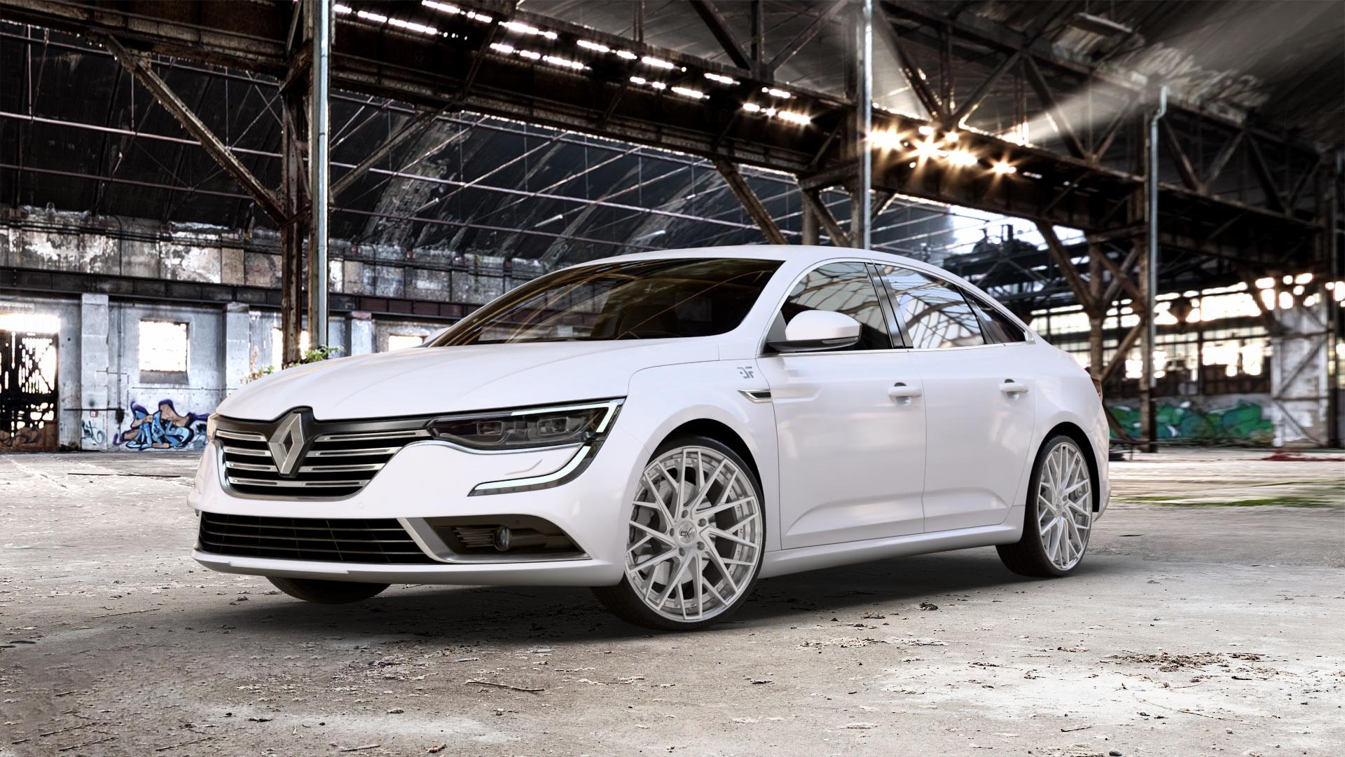 OXFORGED MP5 silver brush, lip polish Felge mit Reifen silber in 21Zoll Alufelge auf weissem Renault Talisman Typ RFD ⬇️ mit 15mm Tieferlegung ⬇️ Old Industrial Hall_max_5300mm_2024 Frontansicht_1