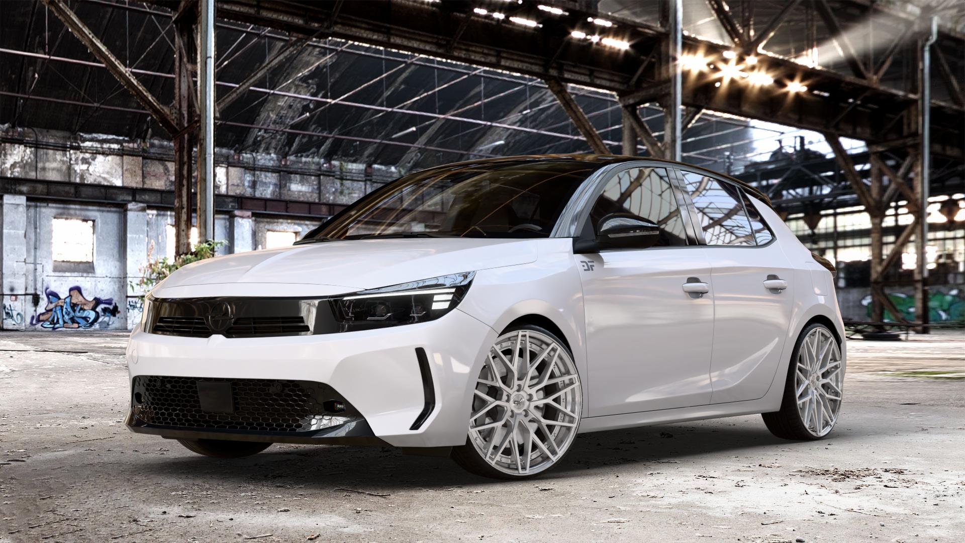 OXFORGED MP6 silver brush, lip polish Felge mit Reifen silber in 20Zoll Alufelge auf weissem Opel Corsa F Typ U Facelift 0,0l 57kW Corsa-e (77 PS) 62kW (84 1,2l Turbo 74kW Mild-Hybrid (101 100kW (136 ⬇️ mit 15mm Tieferlegung ⬇️ Old Industrial Hall_max_4400mm_2024 Frontansicht_1