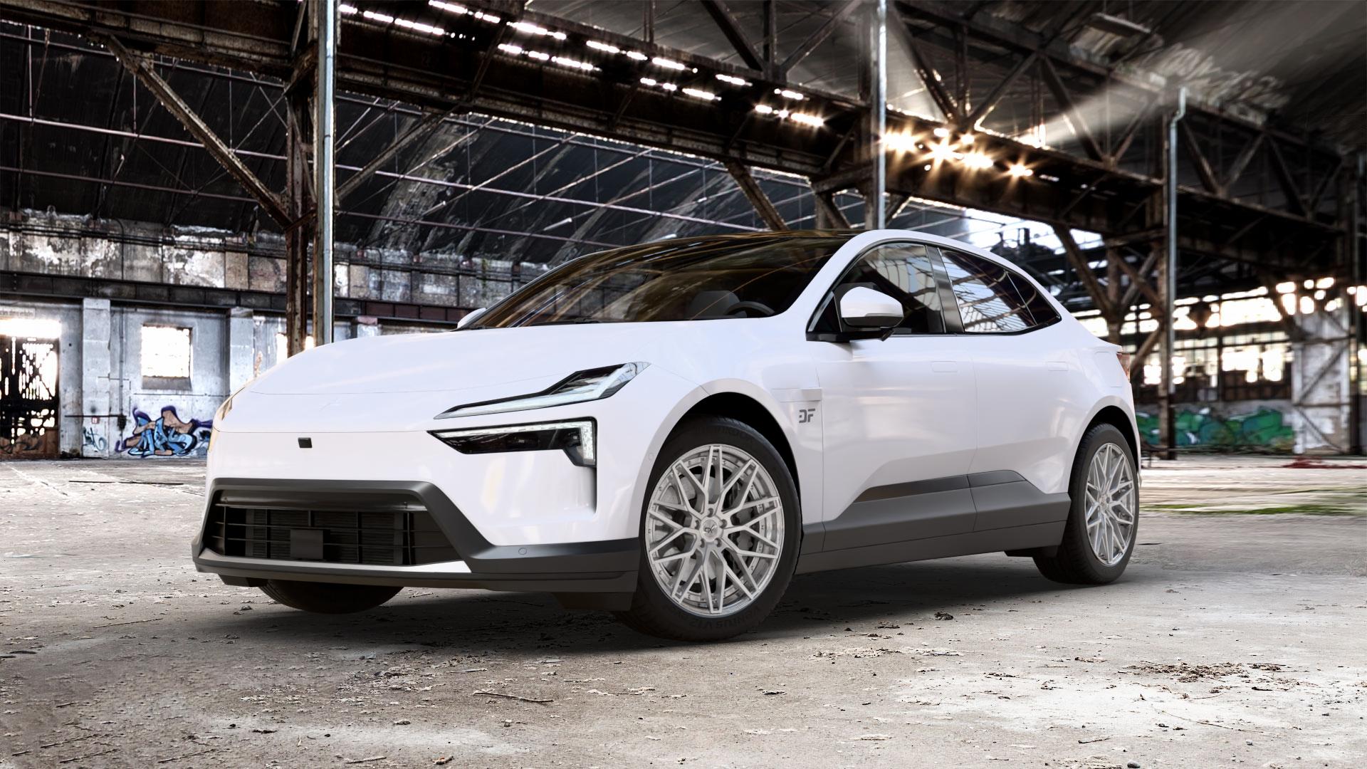 OXFORGED MP6 silver brush, lip polish Felge mit Reifen silber in 20Zoll Alufelge auf weissem Polestar 4 0,0l 75kW (102 PS) 150kW AWD (204 ⬇️ mit 15mm Tieferlegung ⬇️ Old Industrial Hall_max_5300mm_2024 Frontansicht_1