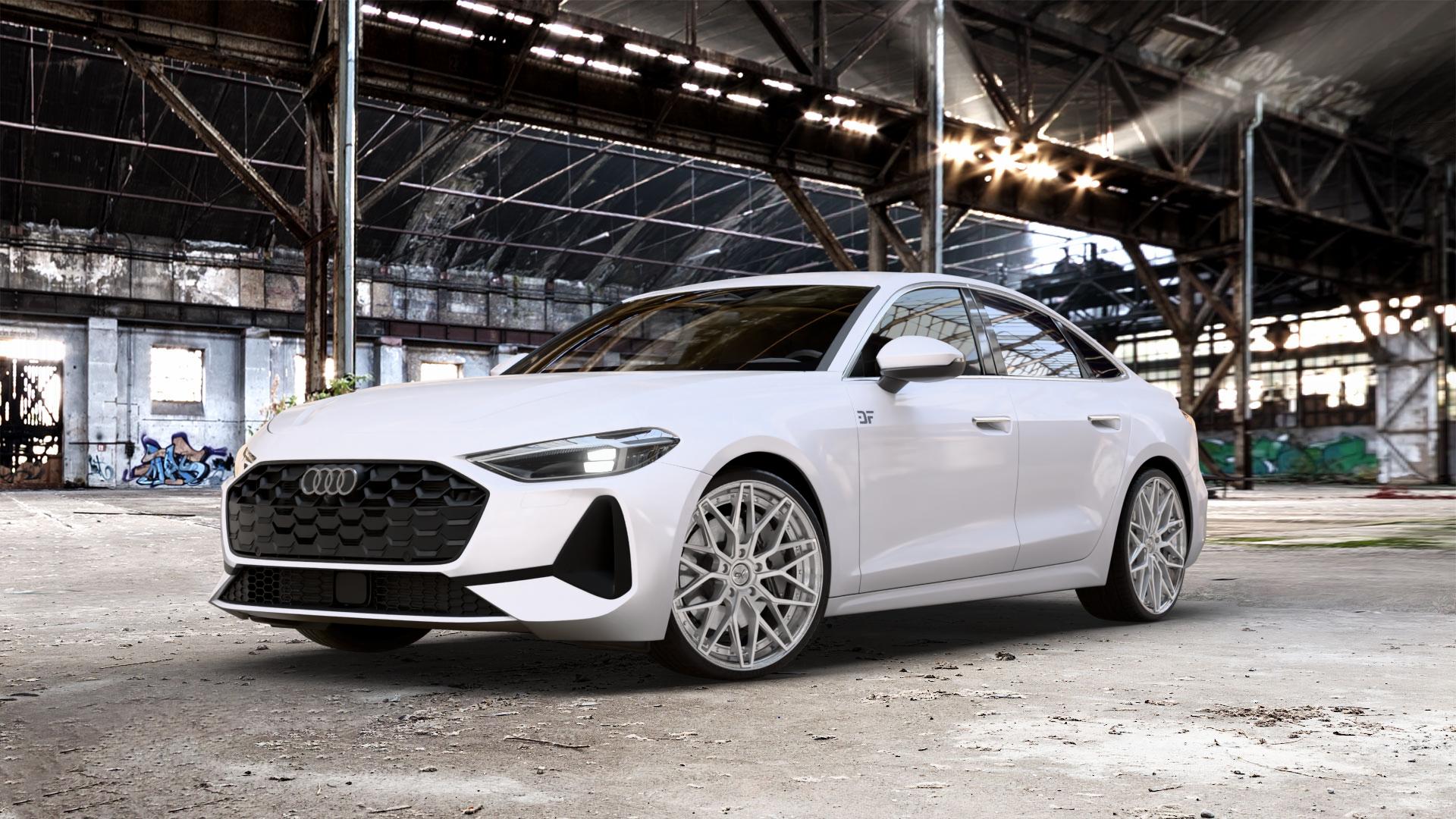 OXFORGED MP6 silver brush, lip polish Felge mit Reifen silber in 21Zoll Alufelge auf weissem Audi A5 Typ B10 (Limousine) 2,0l TDI 150kW Mild-Hybrid (204 PS) quattro TSI 110kW (150 3,0l S5 270kW (367 ⬇️ mit 15mm Tieferlegung ⬇️ Old Industrial Hall_max_5300mm_2024 Frontansicht_1