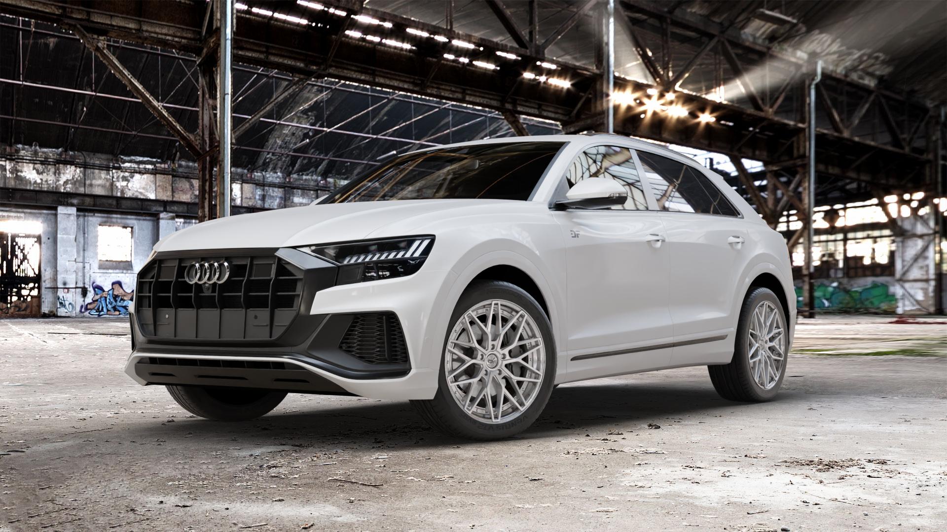 OXFORGED MP6 silver brush, lip polish Felge mit Reifen silber in 21Zoll Alufelge auf weissem Audi Q8 Typ 4M (4L) ⬇️ mit 15mm Tieferlegung ⬇️ Old Industrial Hall_max_5300mm_2024 Frontansicht_1