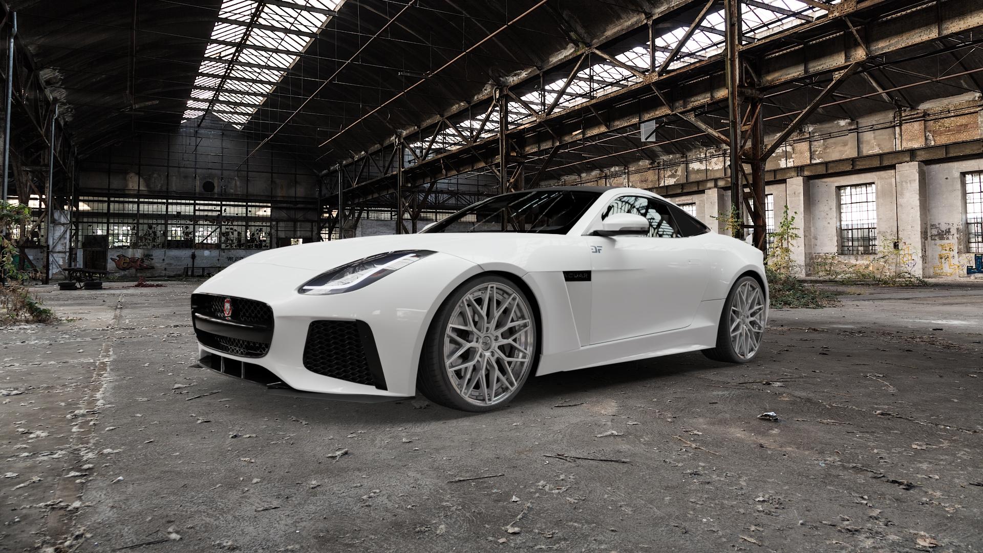OXFORGED MP6 silver brush, lip polish Felge mit Reifen silber in 21Zoll Alufelge auf weissem Jaguar F-Type Coupe Typ QQ6 ⬇️ mit 15mm Tieferlegung ⬇️ Old Industrial Hall_max5000mm_2022 Frontansicht_1