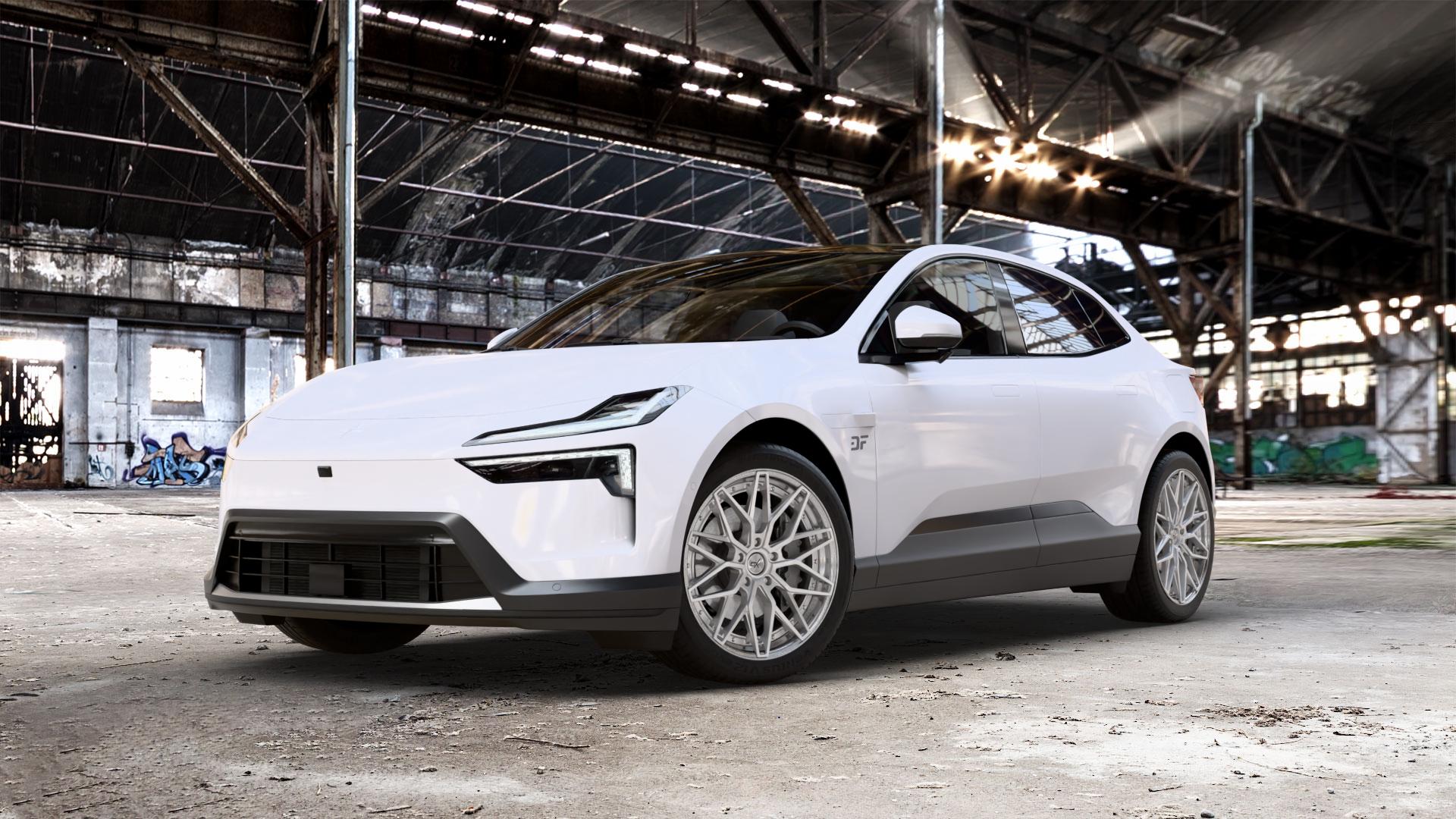 OXFORGED MP6 silver brush, lip polish Felge mit Reifen silber in 21Zoll Alufelge auf weissem Polestar 4 0,0l 75kW (102 PS) 150kW AWD (204 ⬇️ mit 15mm Tieferlegung ⬇️ Old Industrial Hall_max_5300mm_2024 Frontansicht_1