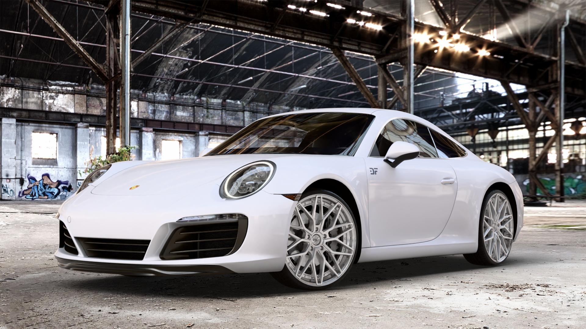 OXFORGED MP6 silver brush, lip polish Felge mit Reifen silber in 21Zoll Alufelge auf weissem Porsche 911 Typ 991 Cabriolet Facelift ⬇️ mit 15mm Tieferlegung ⬇️ Old Industrial Hall_max_4400mm_2024 Frontansicht_1