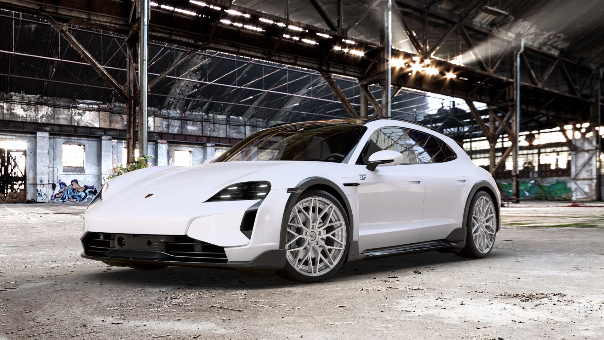 OXFORGED MP6 silver brush, lip polish Felge mit Reifen silber in 21Zoll Alufelge auf weissem Porsche Taycan Cross Turismo Typ Y1A Facelift ⬇️ mit 15mm Tieferlegung ⬇️ Old Industrial Hall_max_5300mm_2024 Frontansicht_1