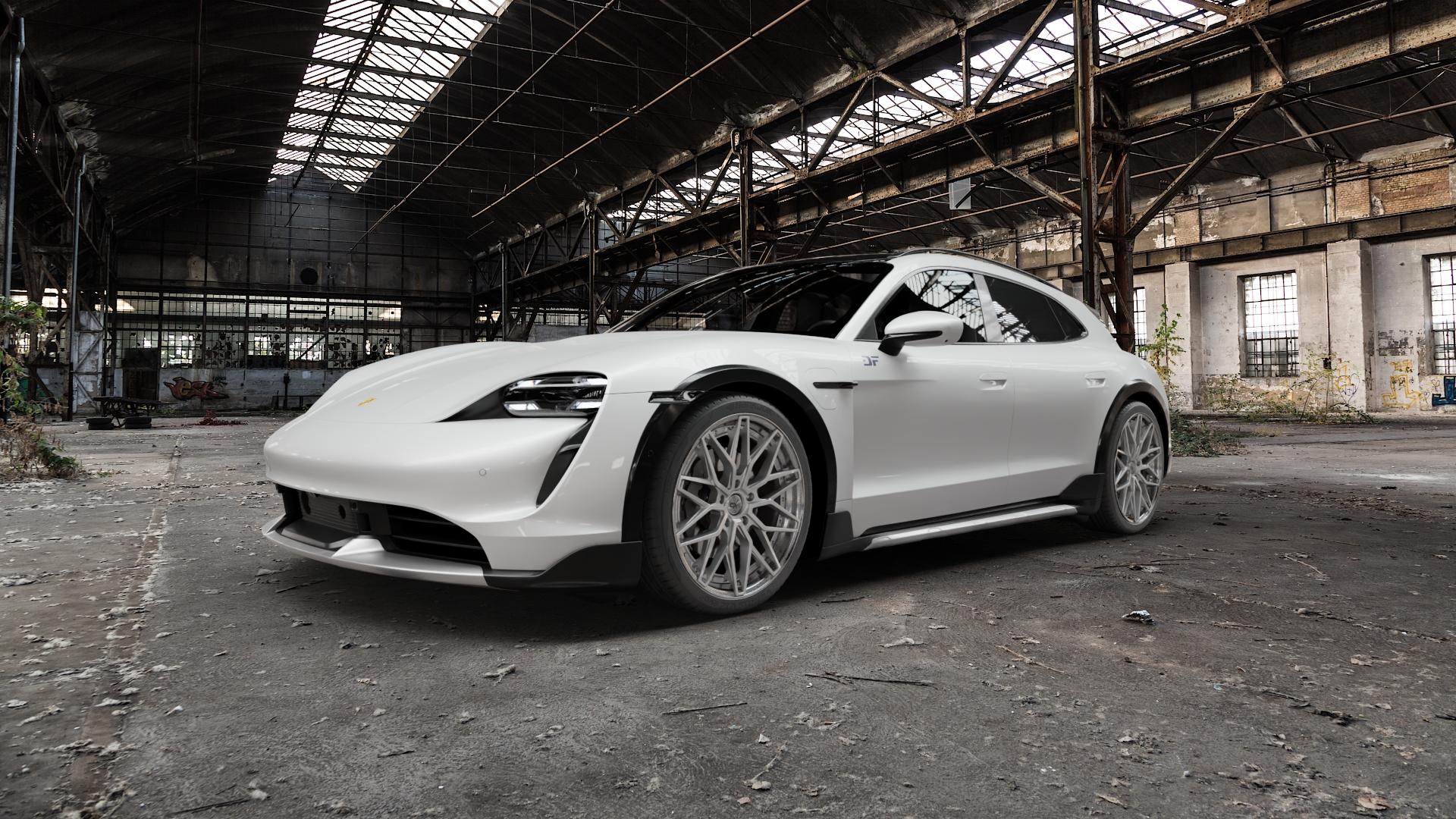 OXFORGED MP6 silver brush, lip polish Felge mit Reifen silber in 21Zoll Alufelge auf weissem Porsche Taycan Cross Turismo Typ Y1A ⬇️ mit 15mm Tieferlegung ⬇️ Old Industrial Hall_max5000mm_2022 Frontansicht_1