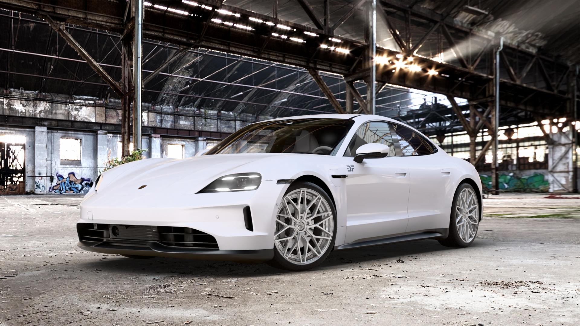 OXFORGED MP6 silver brush, lip polish Felge mit Reifen silber in 21Zoll Alufelge auf weissem Porsche Taycan Typ Y1A Facelift ⬇️ mit 15mm Tieferlegung ⬇️ Old Industrial Hall_max_5300mm_2024 Frontansicht_1