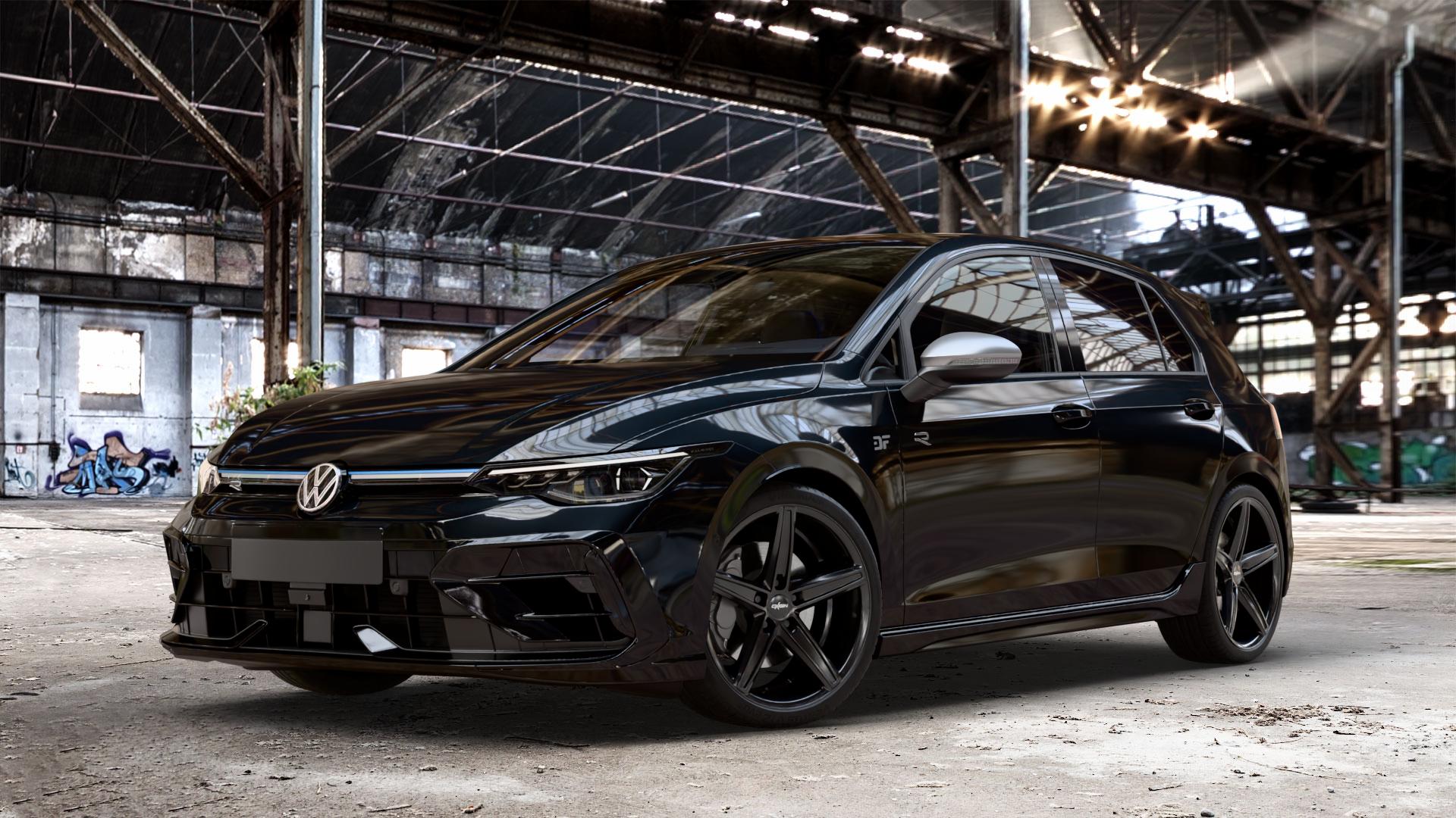 OXIGIN 18 Concave black Felge mit Reifen schwarz in 19Zoll Winterfelge Alufelge auf metallic schwarzem Volkswagen (VW) Golf 8 Facelift 2,0l R 4Motion 245kW (333 PS) ⬇️ mit 15mm Tieferlegung ⬇️ Old Industrial Hall_max_4400mm_2024 Frontansicht_1