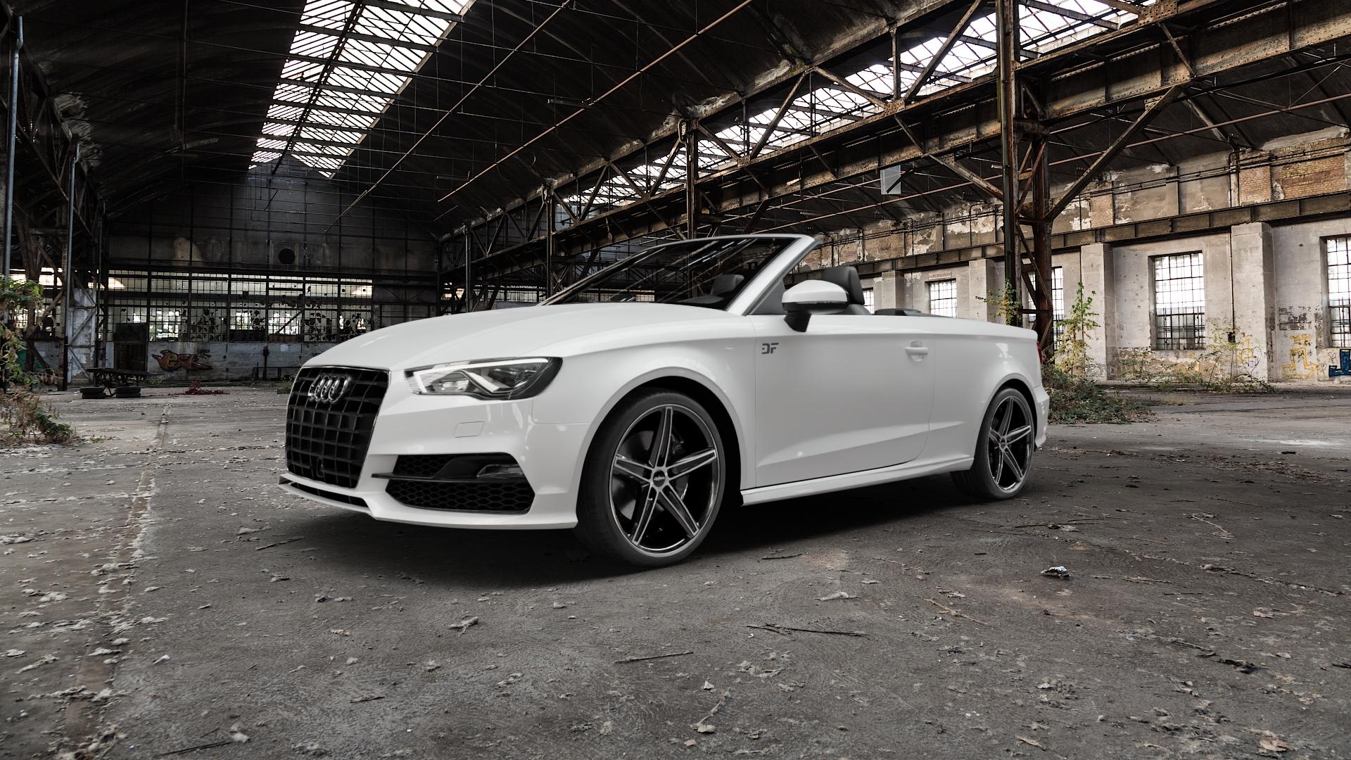 OXIGIN 18 Concave black full polish Felge mit Reifen silber schwarz mehrfarbig in 19Zoll Winterfelge Alufelge auf weissem Audi A3 Typ 8V (Cabriolet) ⬇️ mit 15mm Tieferlegung ⬇️ Old Industrial Hall_max5000mm_2022 Frontansicht_1