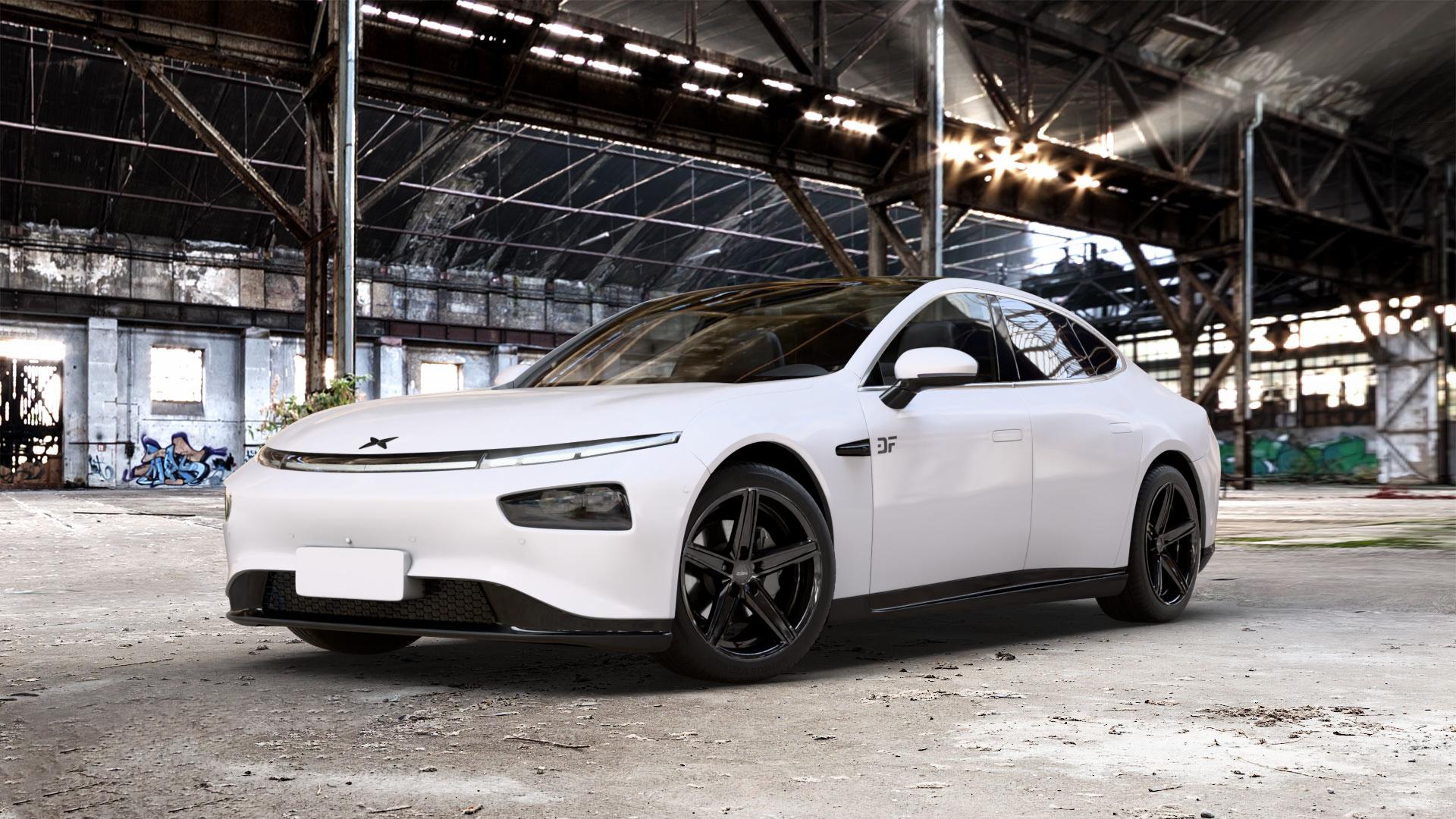 OXIGIN 18_E Concave Evolution black Felge mit Reifen schwarz in 19Zoll Winterfelge Alufelge auf weissem Xpeng P7 Typ P7B 0,0l 80kW (109 PS) 100kW AWD (136 124kW (169 ⬇️ mit 15mm Tieferlegung ⬇️ Old Industrial Hall_max_5300mm_2024 Frontansicht_1
