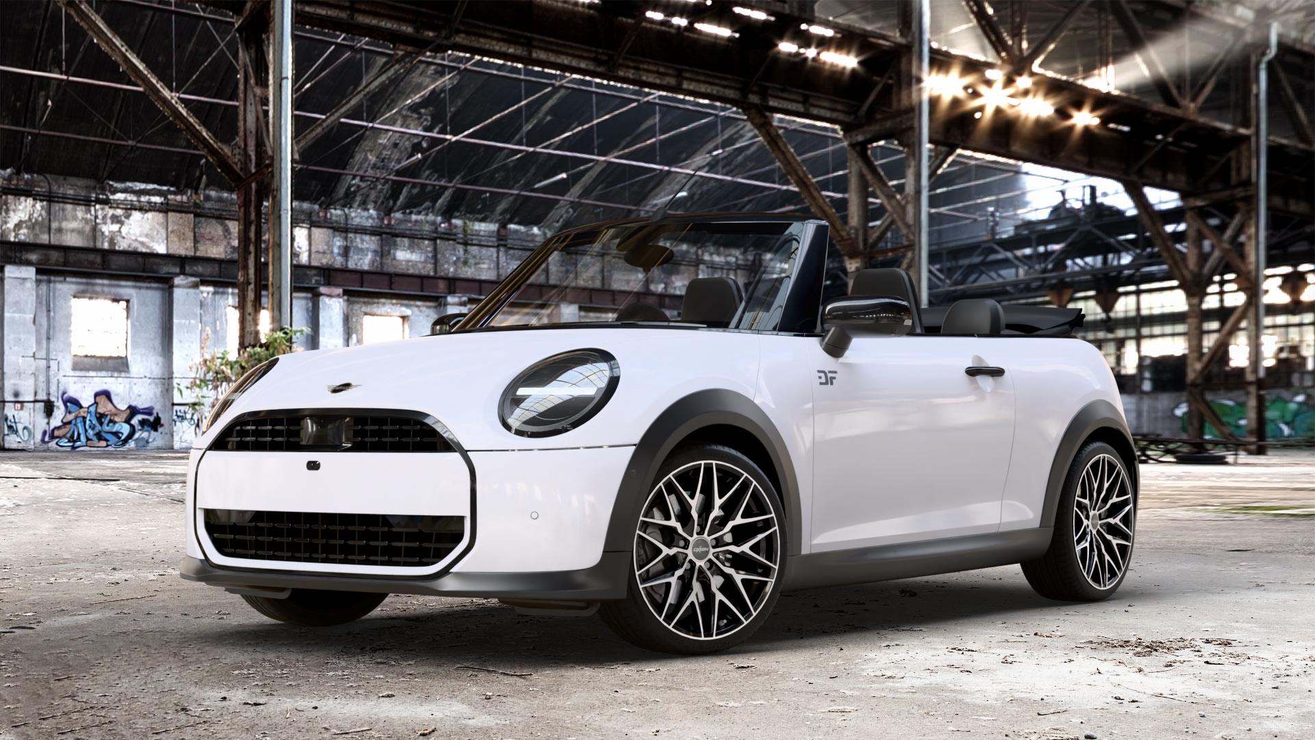 OXIGIN 25 Oxcross black full polish Felge mit Reifen silber schwarz mehrfarbig in 18Zoll Winterfelge Alufelge auf weissem Mini F67 Typ FM6 (Cabrio) 2,0l Cooper 120kW (163 PS) S 150kW (204 JCW 170kW (231 ⬇️ mit 15mm Tieferlegung ⬇️ Old Industrial Hall_max_4400mm_2024 Frontansicht_1