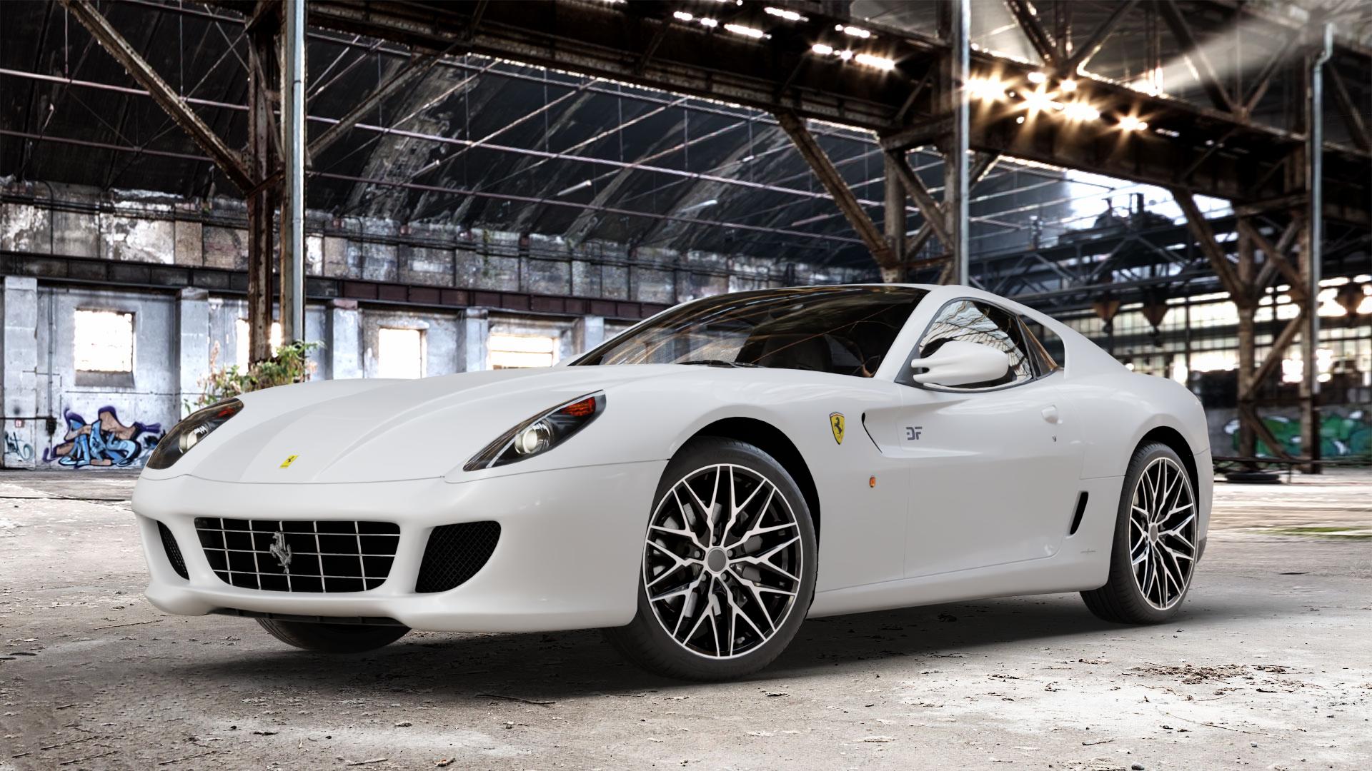 OXIGIN 25 Oxcross black full polish Felge mit Reifen silber schwarz mehrfarbig in 19Zoll Winterfelge Alufelge auf weissem Ferrari 599 GTB ⬇️ mit 15mm Tieferlegung ⬇️ Old Industrial Hall_max_4400mm_2024 Frontansicht_1