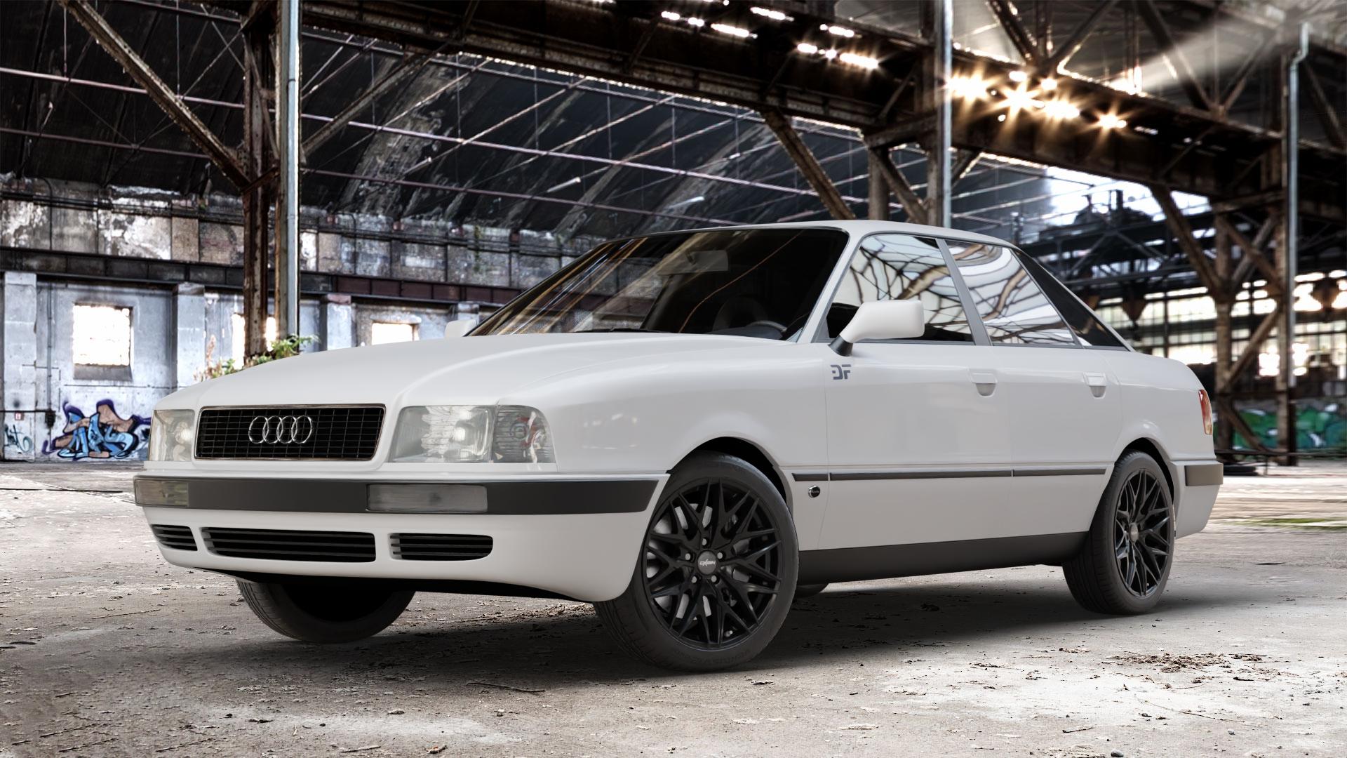 OXIGIN 25 Oxcross black matt Felge mit Reifen schwarz in 17Zoll Winterfelge Alufelge auf weissem Audi 80 Typ 89 (Limousine) B4 80/90 ⬇️ mit 15mm Tieferlegung ⬇️ Old Industrial Hall_max_4400mm_2024 Frontansicht_1
