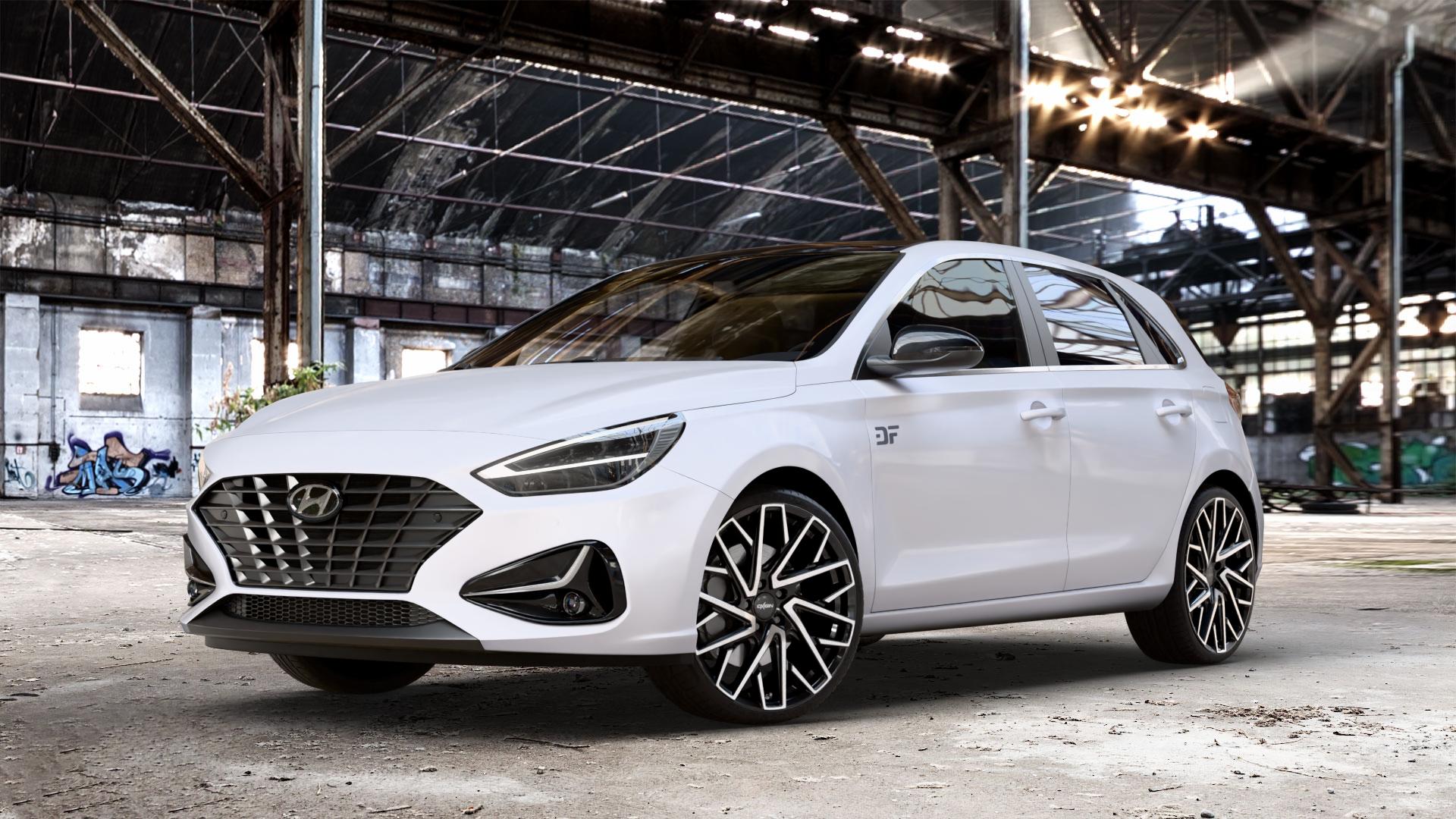 OXIGIN 28 Oxmove black full polish Felge mit Reifen schwarz in 19Zoll Winterfelge Alufelge auf weissem Hyundai i30 Typ PDE Facelift 1,0l T-GDI 88kW Mild-Hybrid (120 PS) 1,5l 117kW (159 81kW (110 1,6l CRDi 85kW (116 100kW (136 II ⬇️ mit 15mm Tieferlegung ⬇️ Old Industrial Hall_max_4400mm_2024 Frontansicht_1